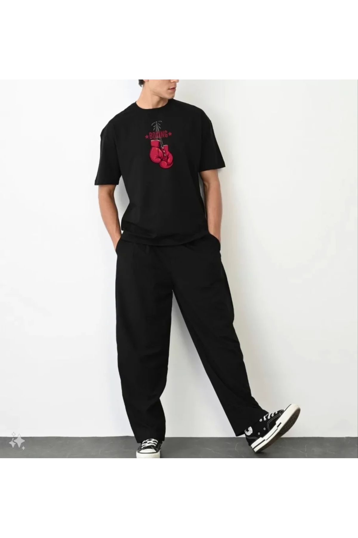 Butik Unisex Bisiklet Yaka Baskılı Oversize T-Shirt - Siyah