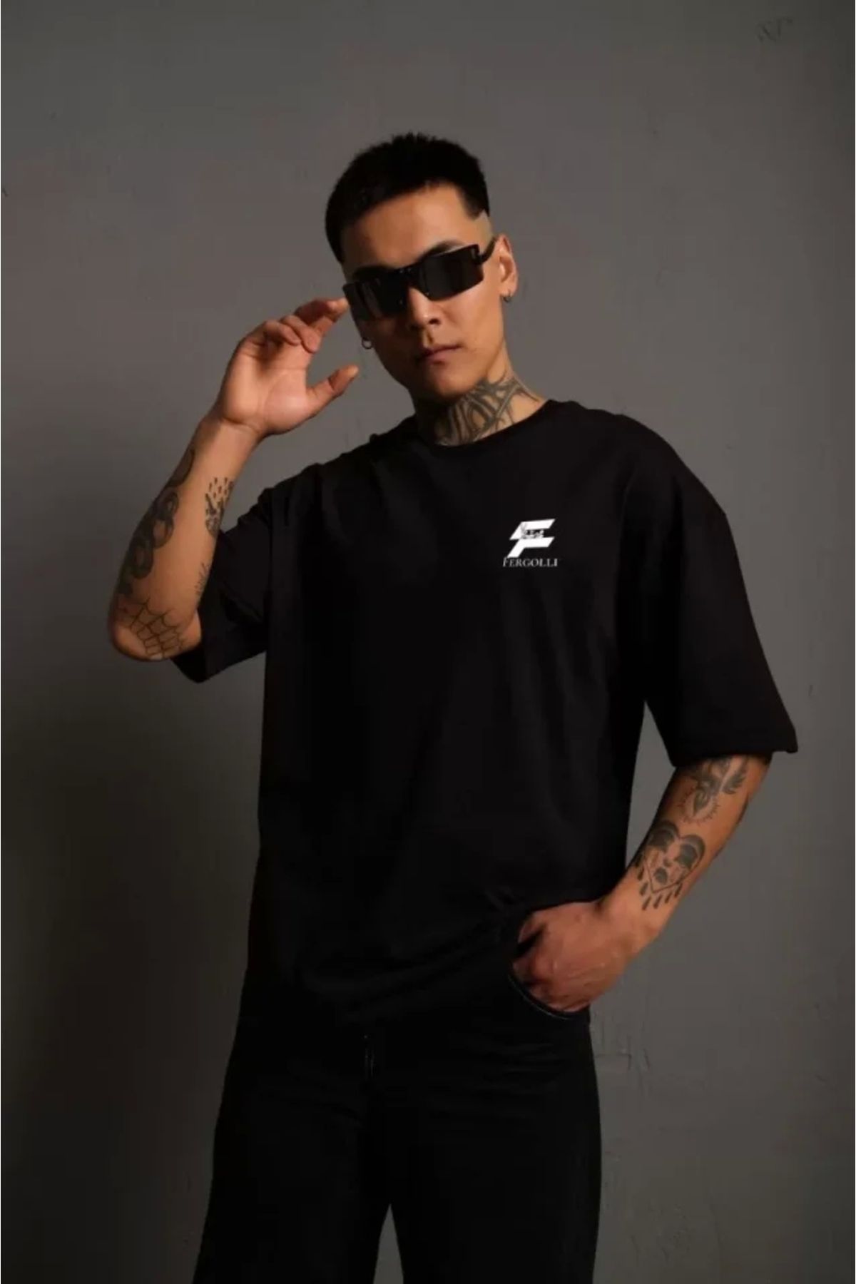 Butik Unisex Bisiklet Yaka Baskılı Oversize T-Shirt - Siyah