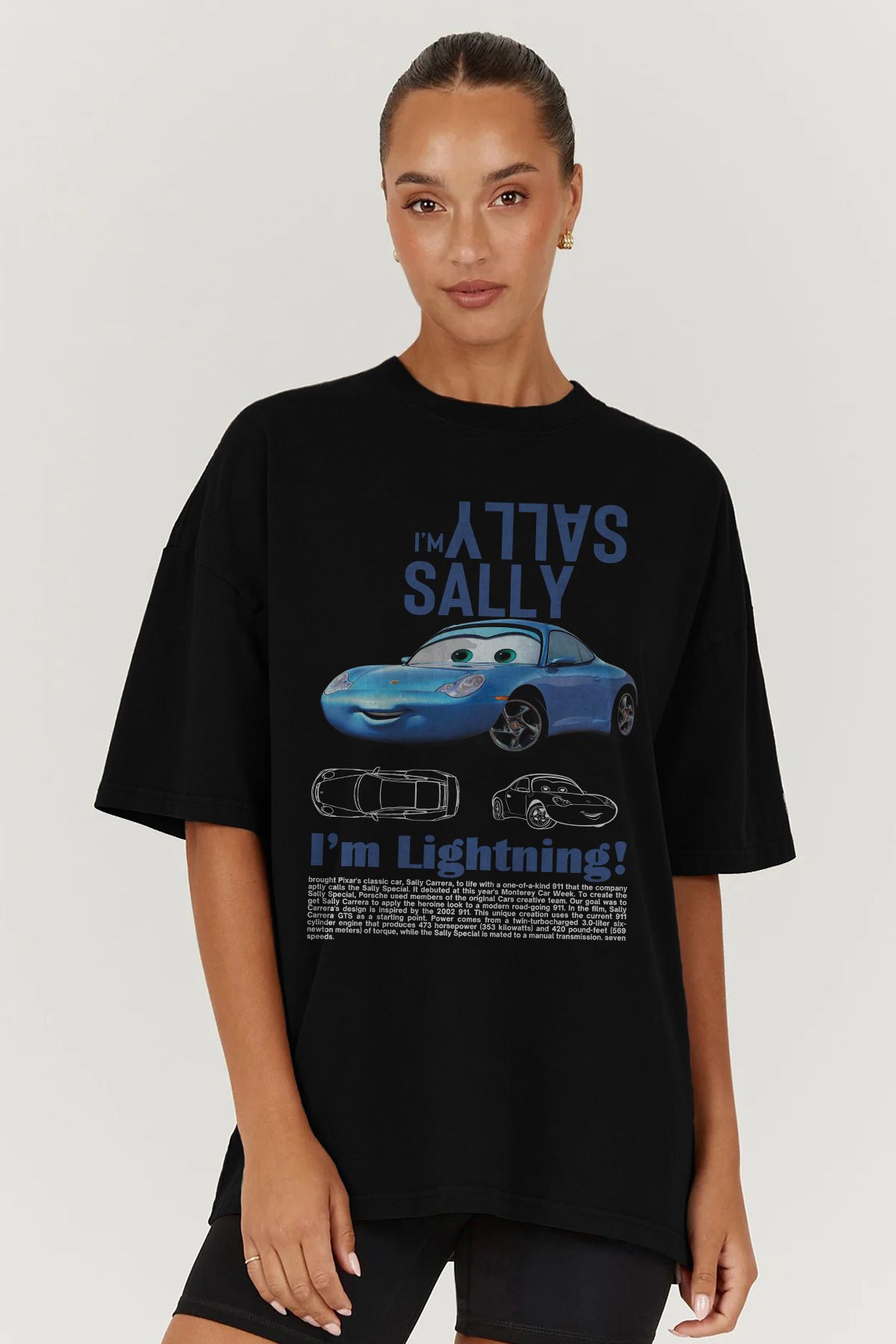 MODA Şimşek McQueen Sally Baskılı Oversize Kalıp Siyah Geniş Bol Kesim Kadın Tişört