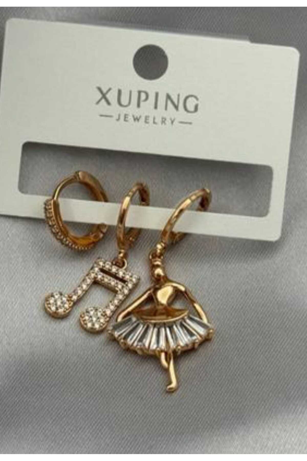 DİAPANTE Altın Renk Kaplama Nota ve Balerin Figürlü Çelik Küpe Trend Şık Tasarım Sevgili Özel Gün Hediye