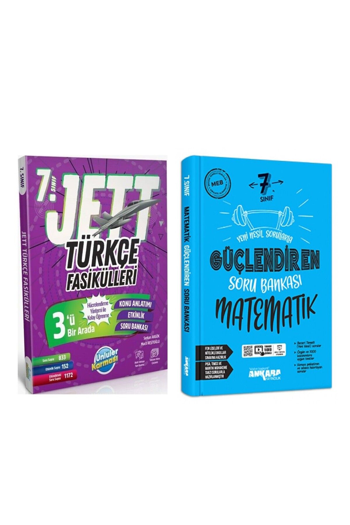 Ankara Kitap Merkezi Ünlüler Yayınları 7. Sınıf Türkçe JETT Soru Fasikülleri ve Ankara Matematik Soru Bankası Seti 2 Kita