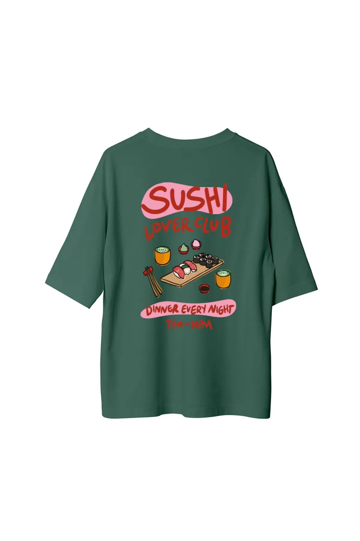 Koklonmoda Unisex Sushi LoverClub Baskılı Oversize T-Shirt