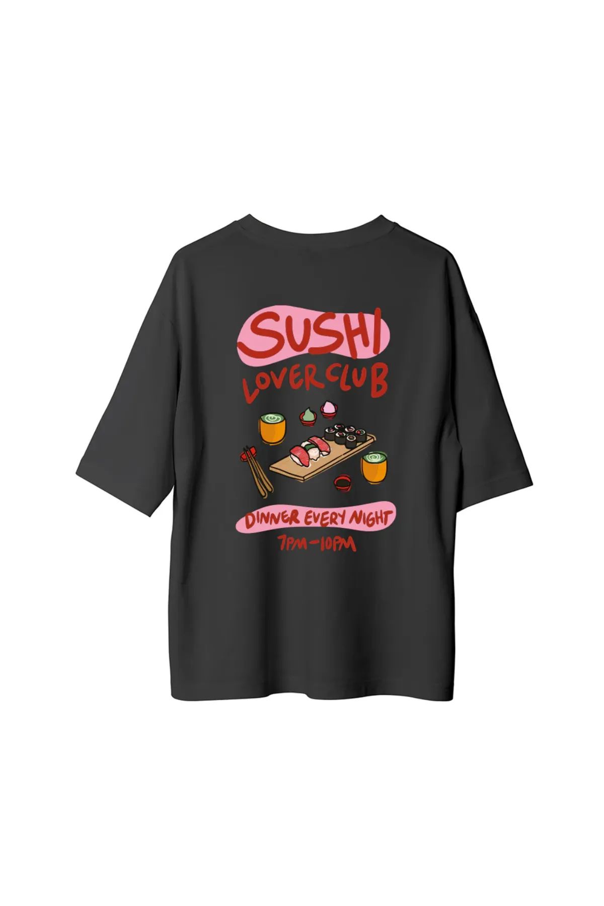 Koklonmoda Unisex Sushi LoverClub Baskılı Oversize T-Shirt