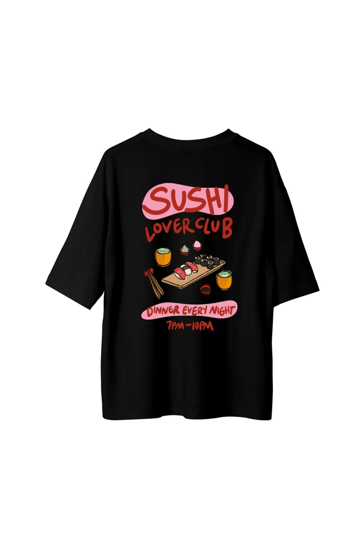 Koklonmoda Unisex Sushi LoverClub Baskılı Oversize T-Shirt