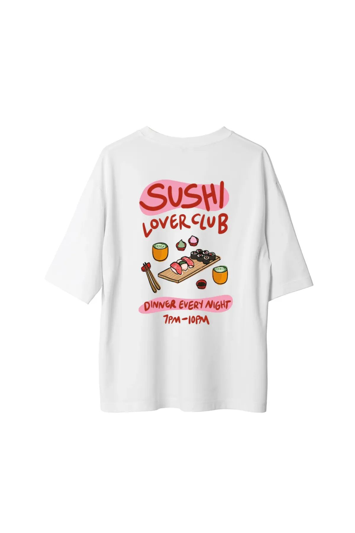 Koklonmoda Unisex Sushi LoverClub Baskılı Oversize T-Shirt