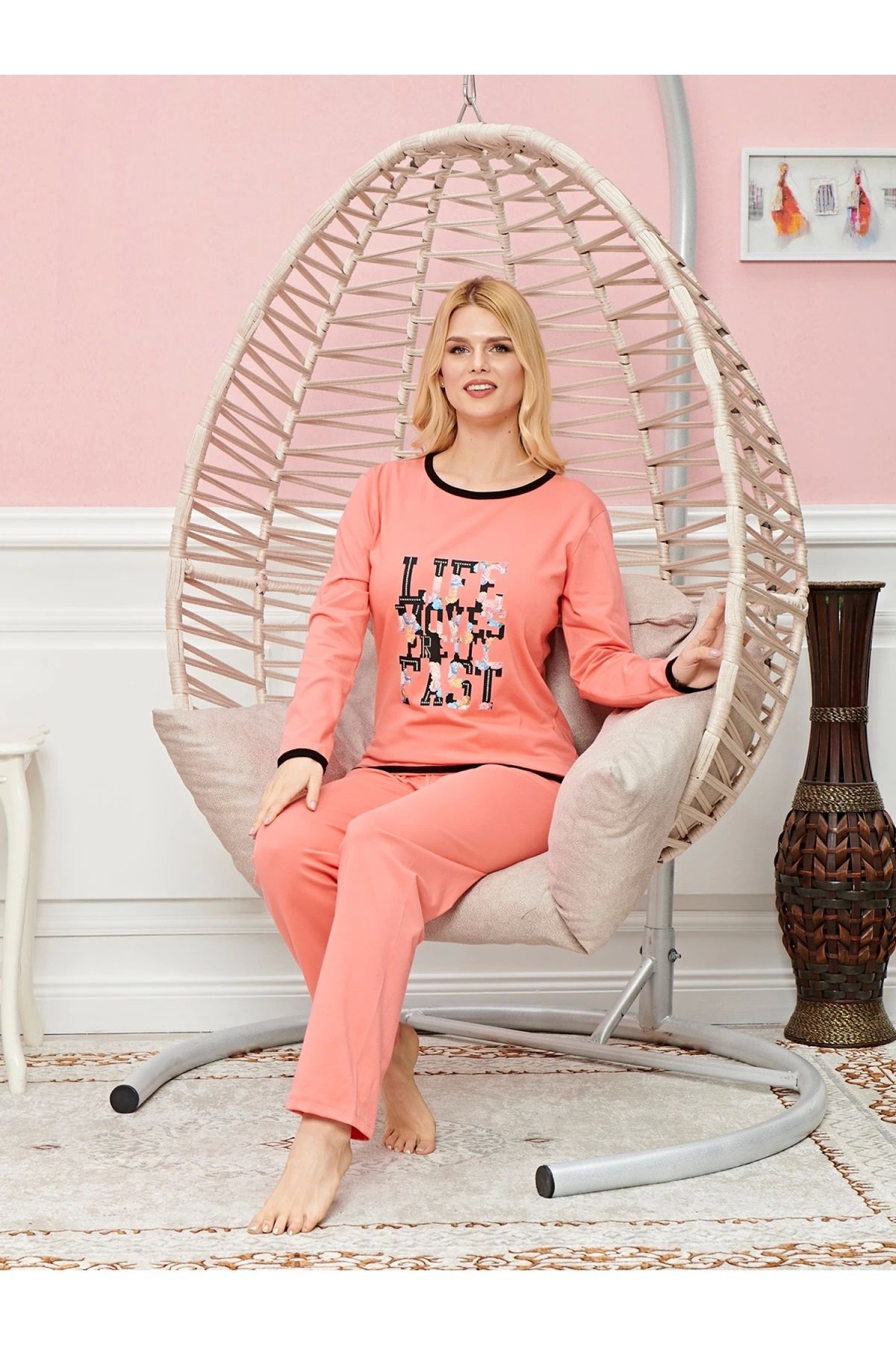 POLEXP Rahat ve Şık Kadın Uzun Kollu Pijama Seti