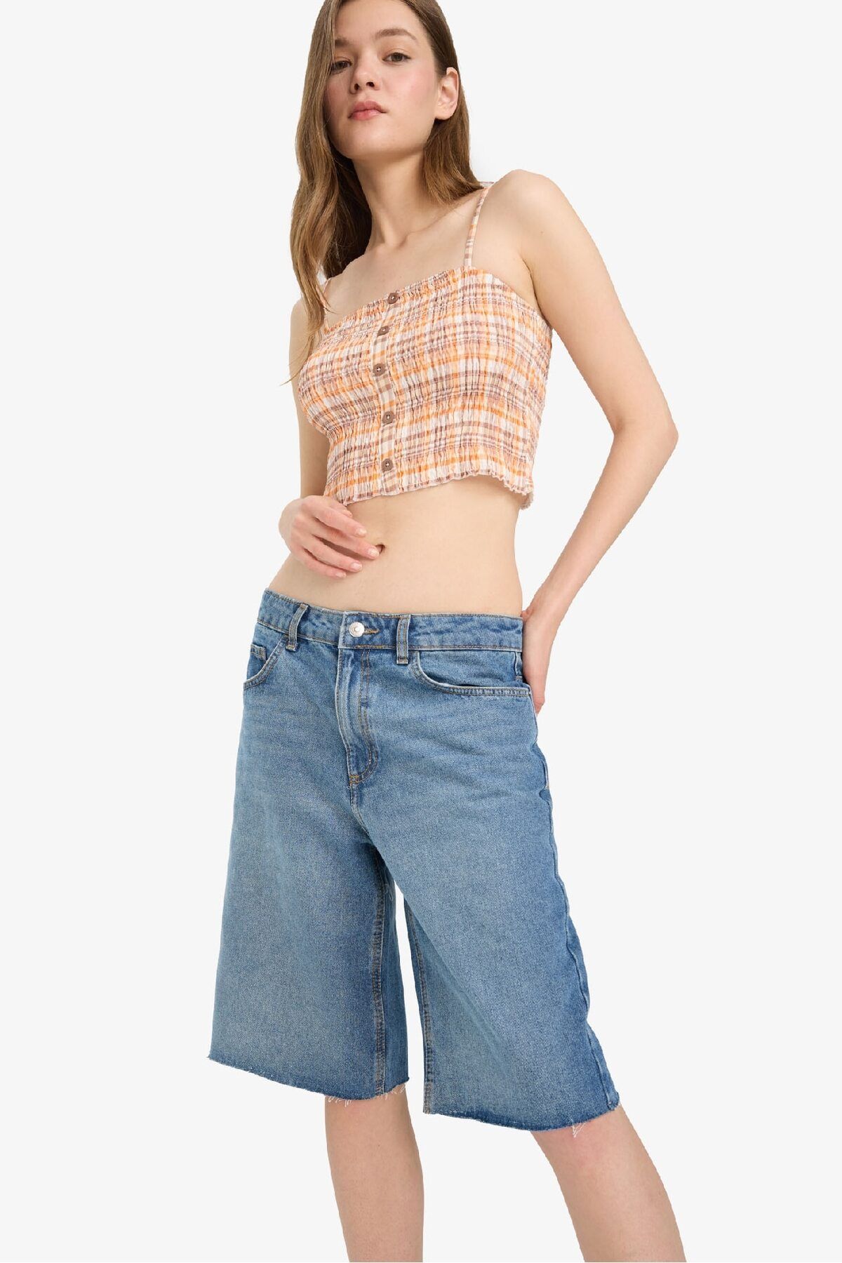 DeFacto-Coool Fitted Checked Button Strap Blouse F5133Ax25Sm 3