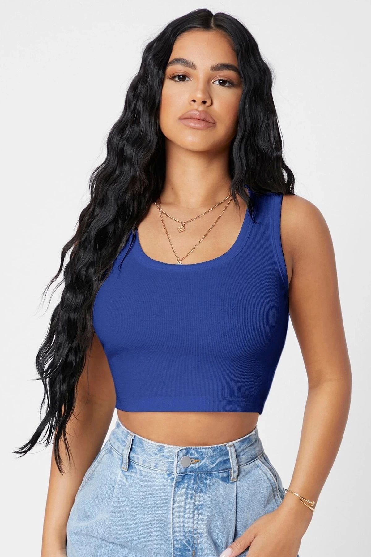 Beruflic Kadın Lacivert Kare Yaka Crop Top Bluz