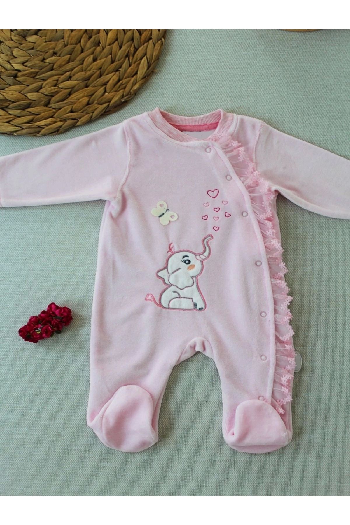 POLEXP Romantik Pembesi Fil Nakışlı Bebek Tulumu