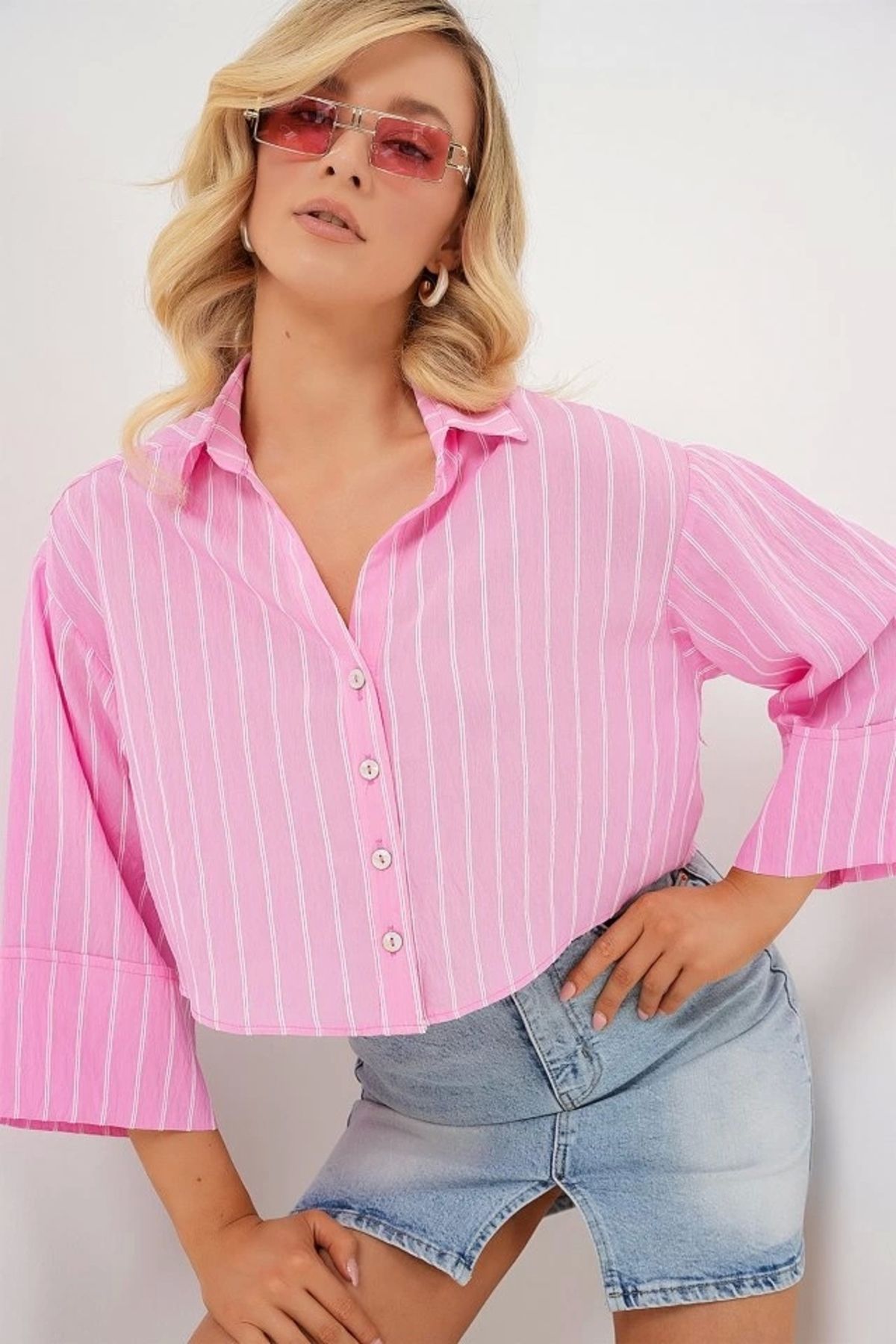 Silerra Çizgili Oversize Kısa Gömlek 20326 - Pembe