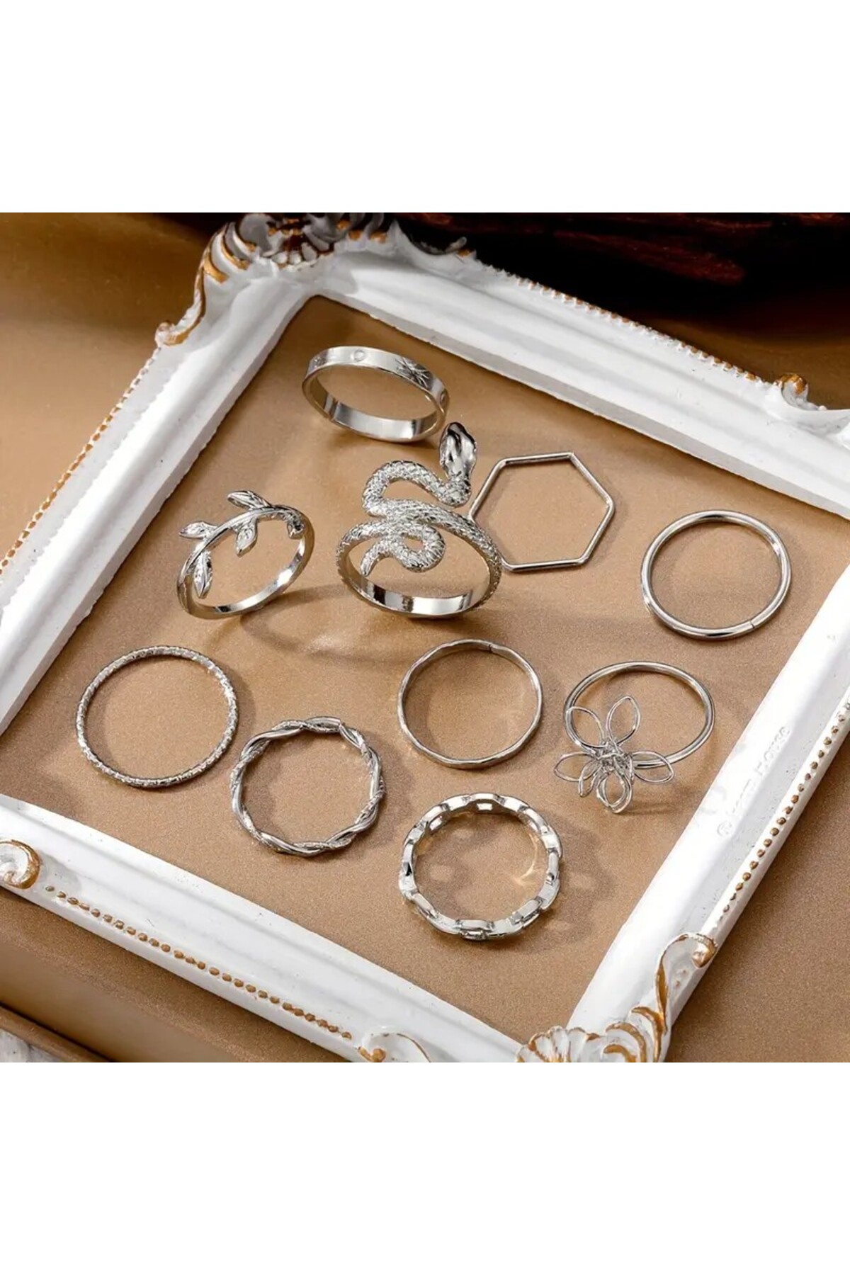 Perry Accesories 10 Adet Yüzük Seti Yılan Figürlü Eklem Yüzük Seti Kadın Gold Ayarlanabilir Incili Yüzük Seti-28 görsel 3