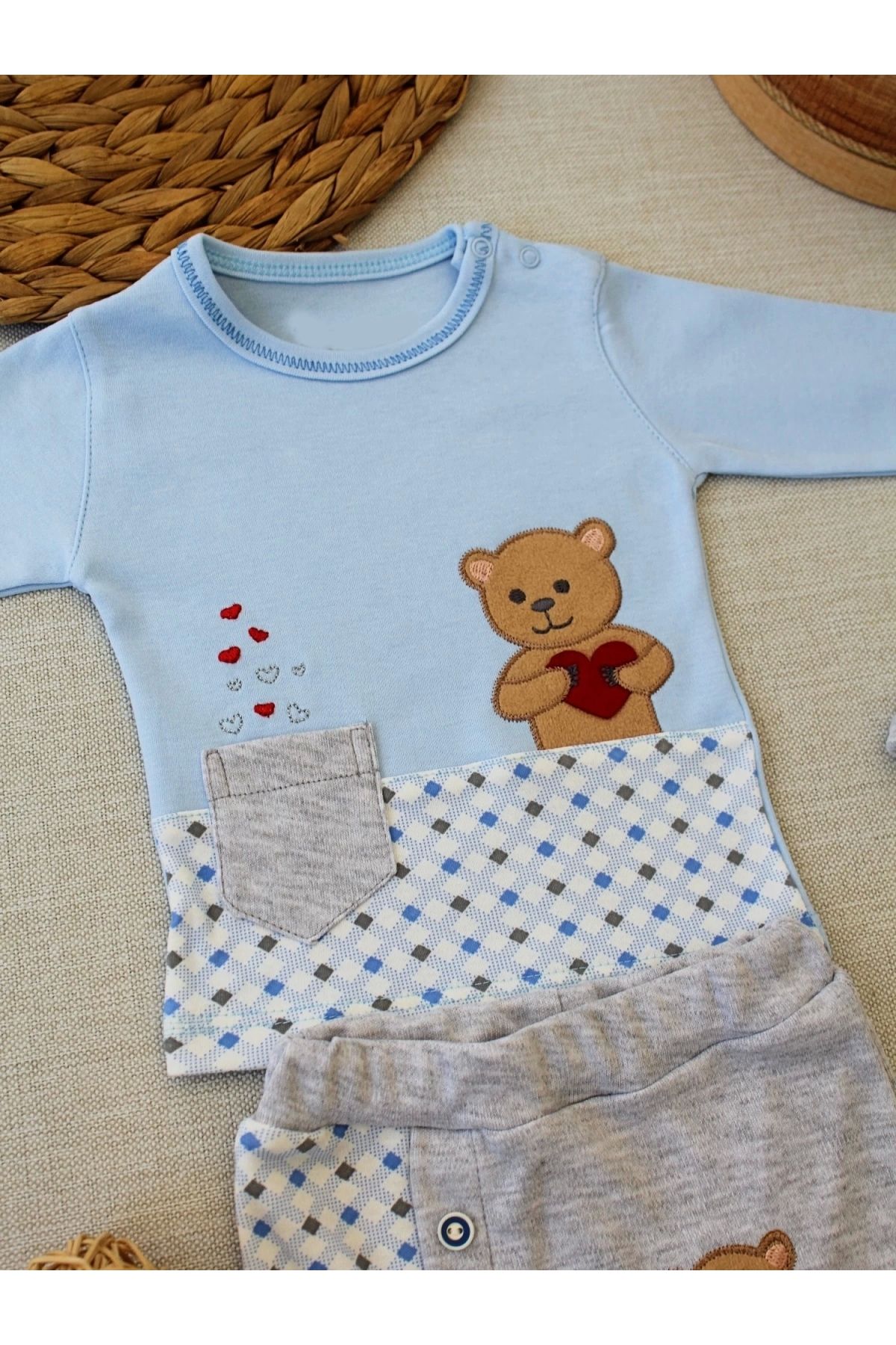POLEXP Mavi Sevimli Ayıcık Desenli Bebek Takımı