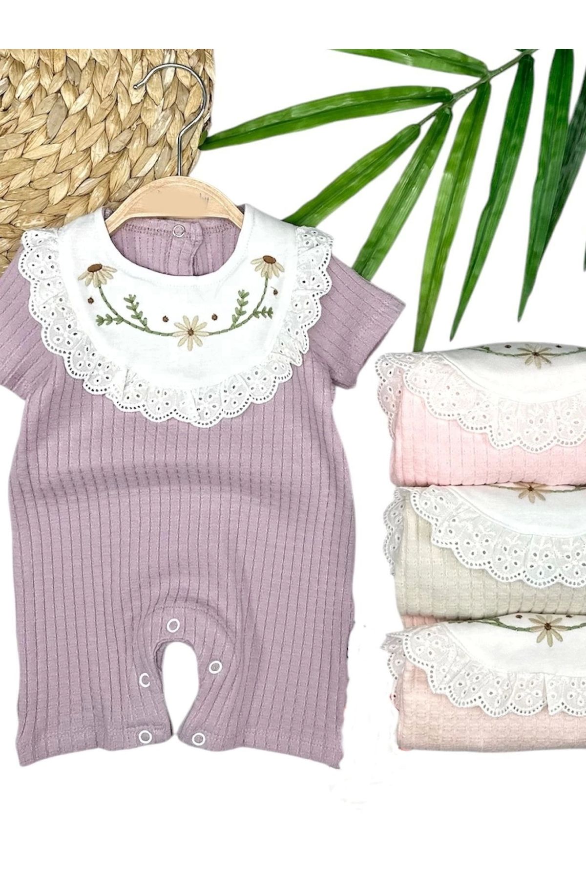 POLEXP Çiçek Nakışlı Yazlık Bebe Yaka Pamuklu Tulum