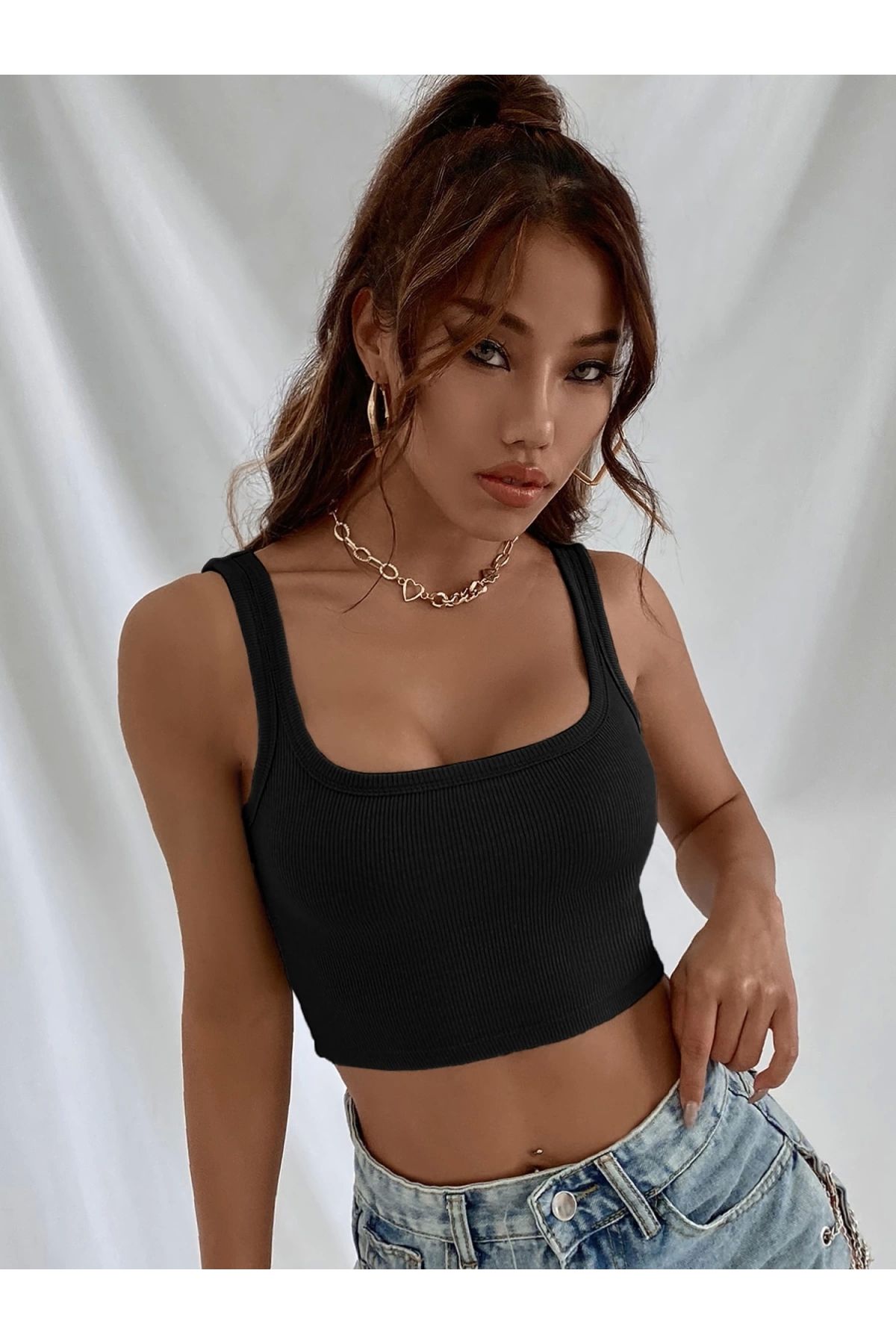 POLEXP Kalın Askılı Siyah Crop Top