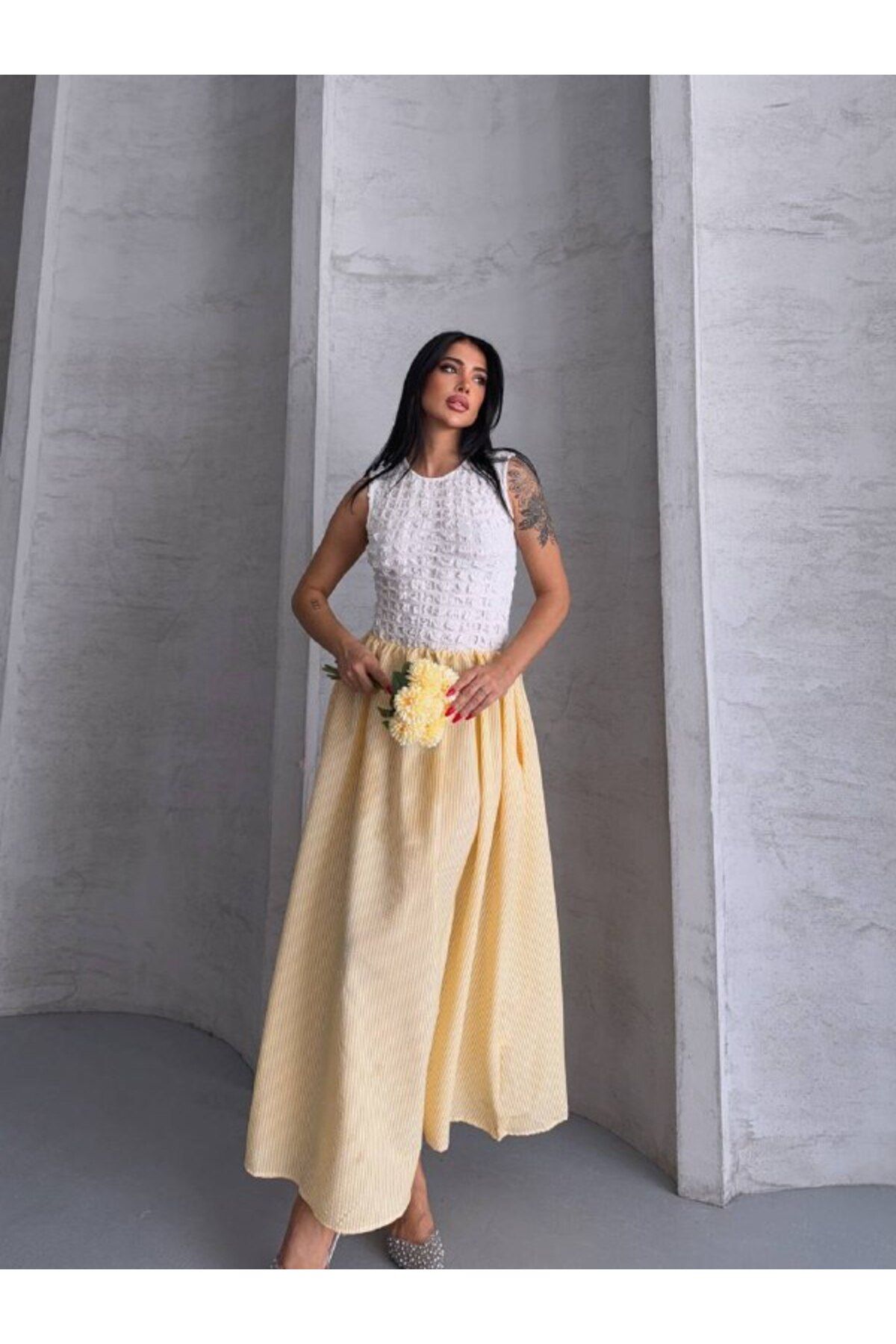 Castivo Fashion Dantel Görünümlü Üst Detaylı Çizgili Midi Elbise