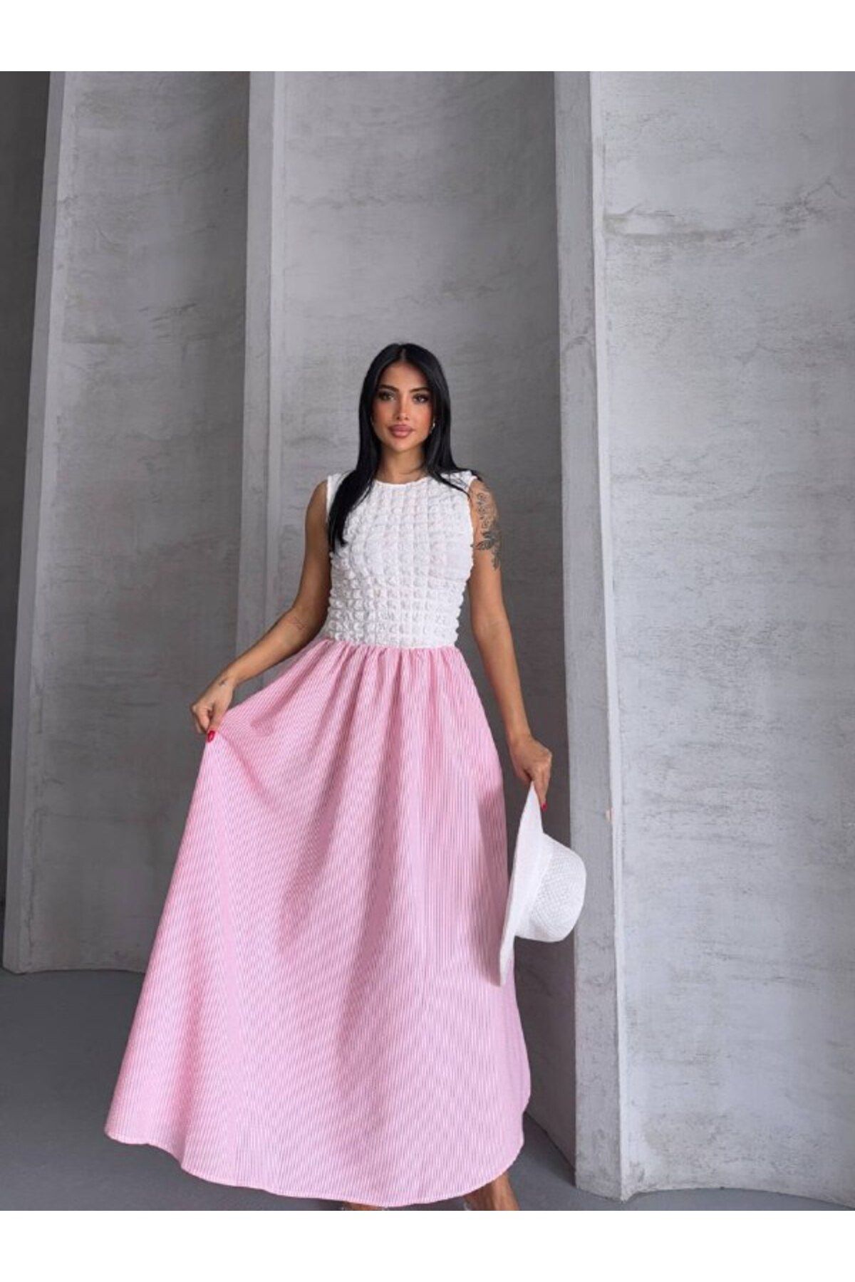 Castivo Fashion Dantel Görünümlü Üst Detaylı Çizgili Midi Elbise