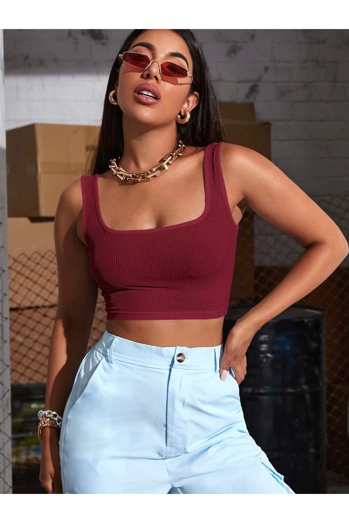POLEXP Bordo Renkli Kalın Askılı Crop Top