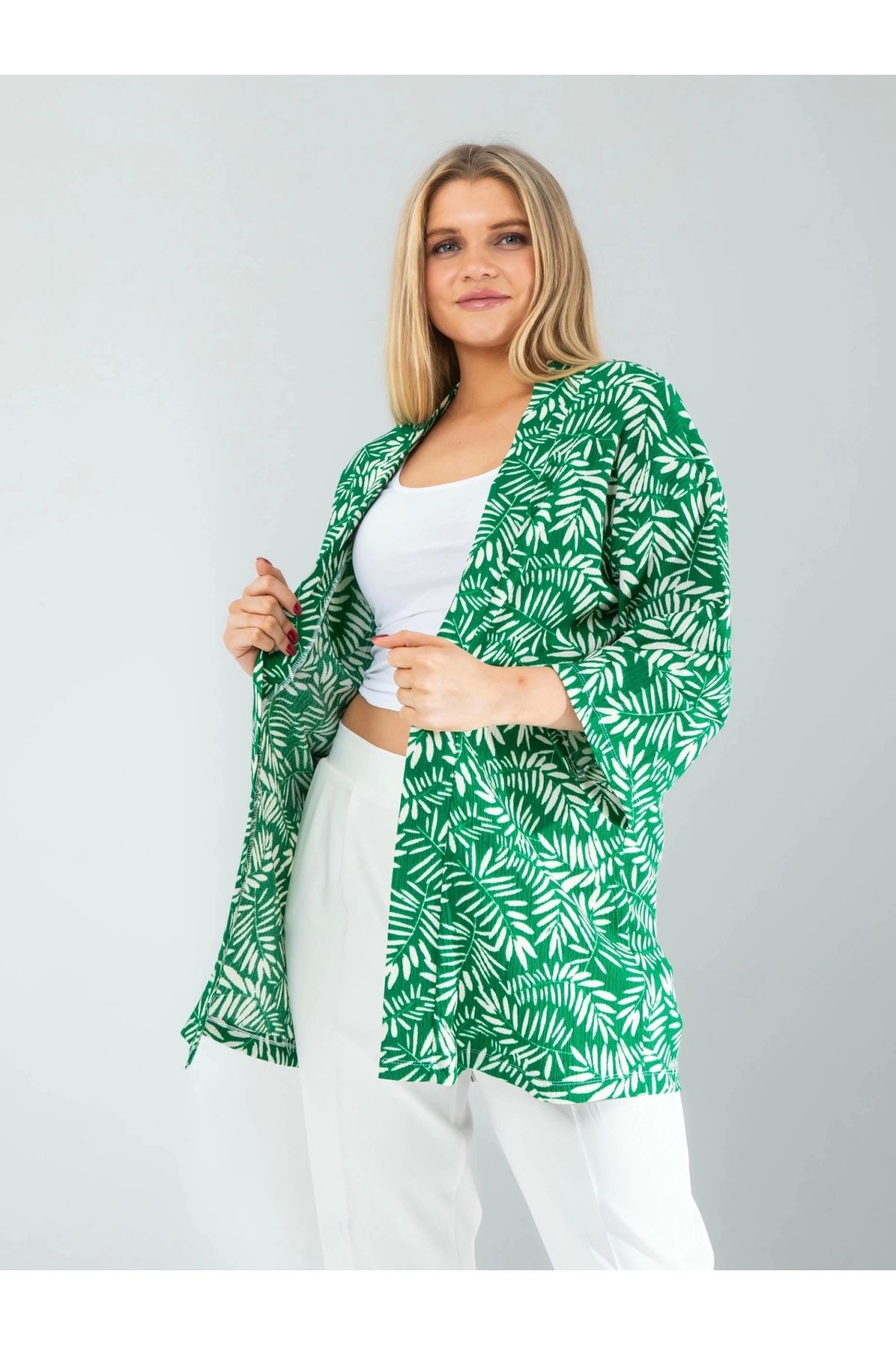 POLEXP Şık Yeşil Çiçek Desenli Kimono