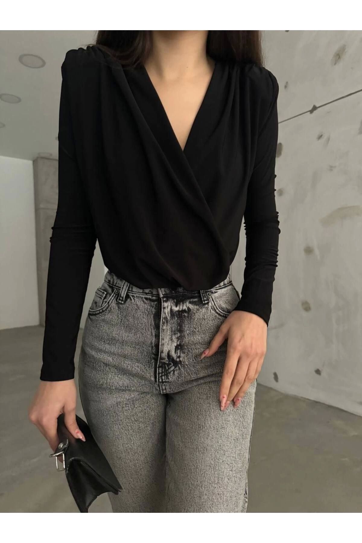 POLEXP Vatkalı Kruvaze Yaka Siyah Bodysuit