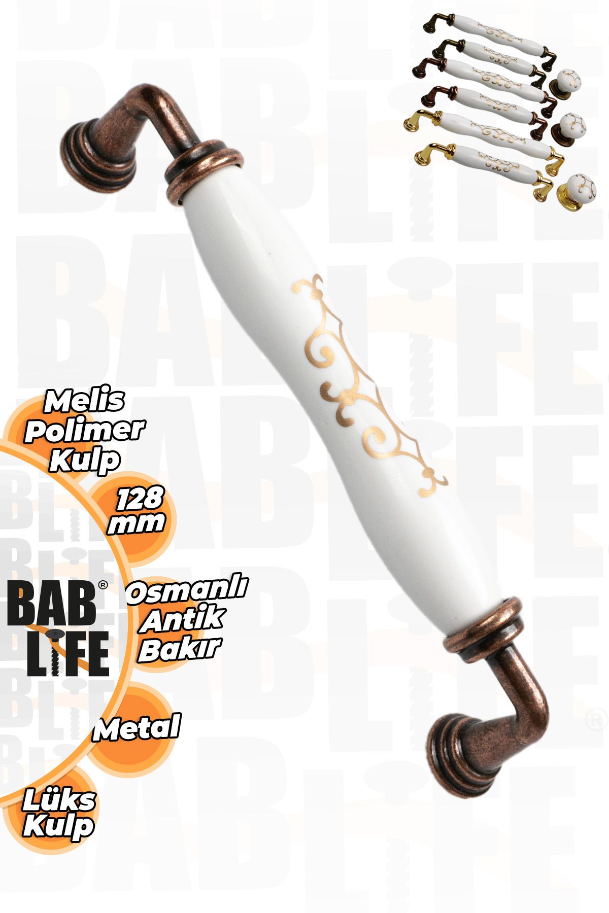 bablife Melis 128mm Porselen Görünü Osmanlı Antik Bakır Lüks Modern Çekmece Dolap Vestiyer Mobilya Kulpları