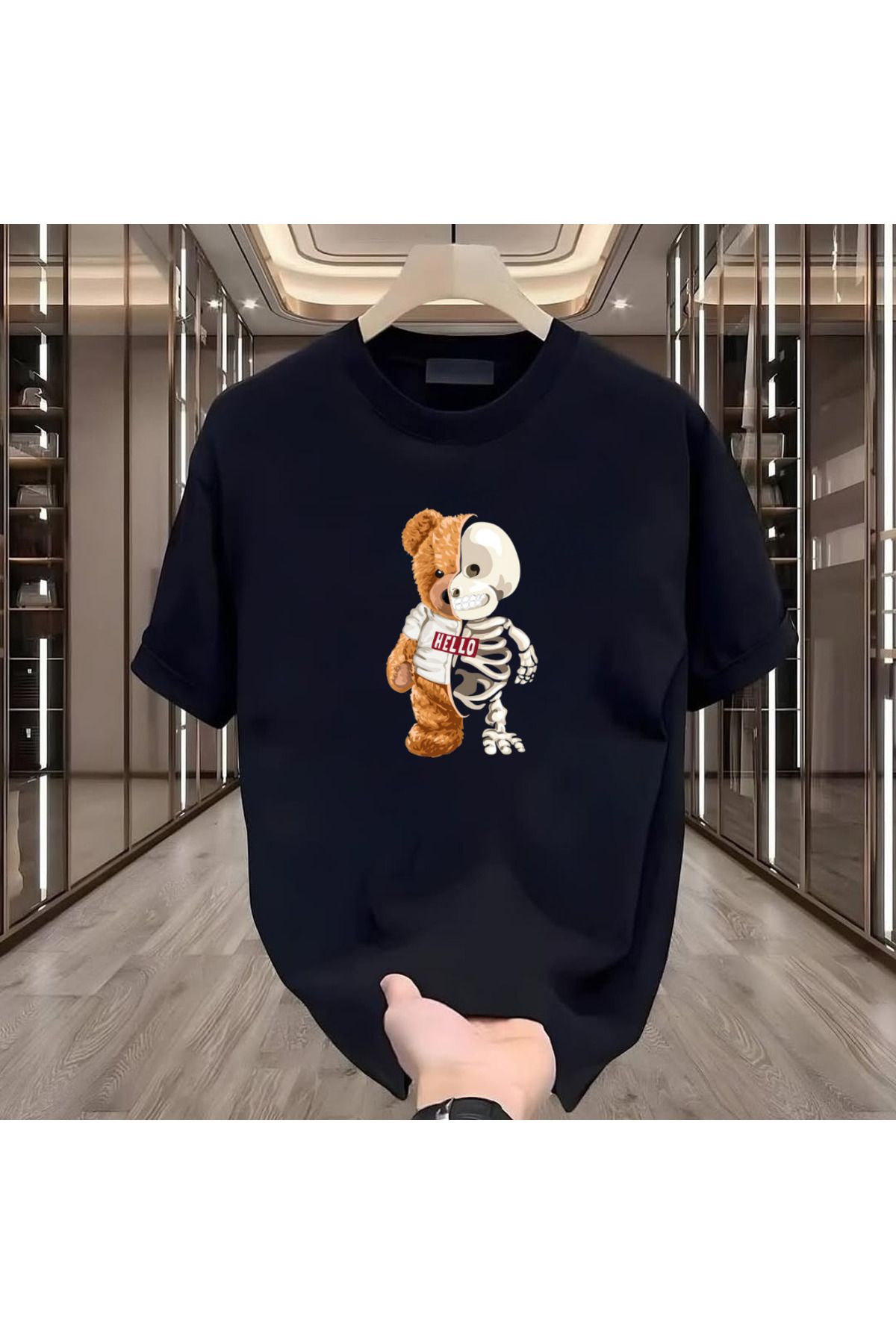 ROVELLA Skeleton Bear Baskılı Siyah Oversize Erkek Tshirt