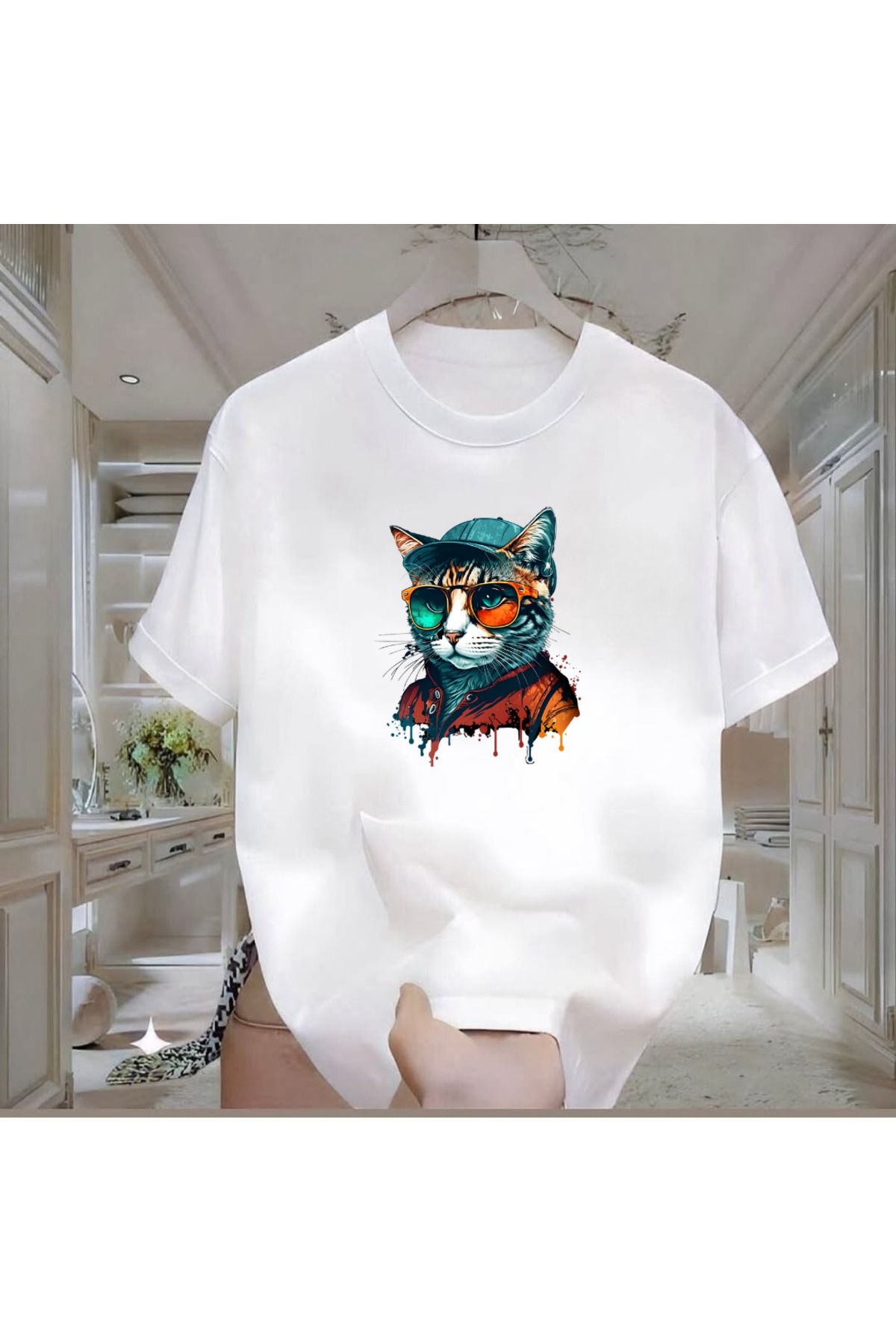 ROVELLA Cool Cat Baskılı Beyaz Oversize Erkek Tshirt
