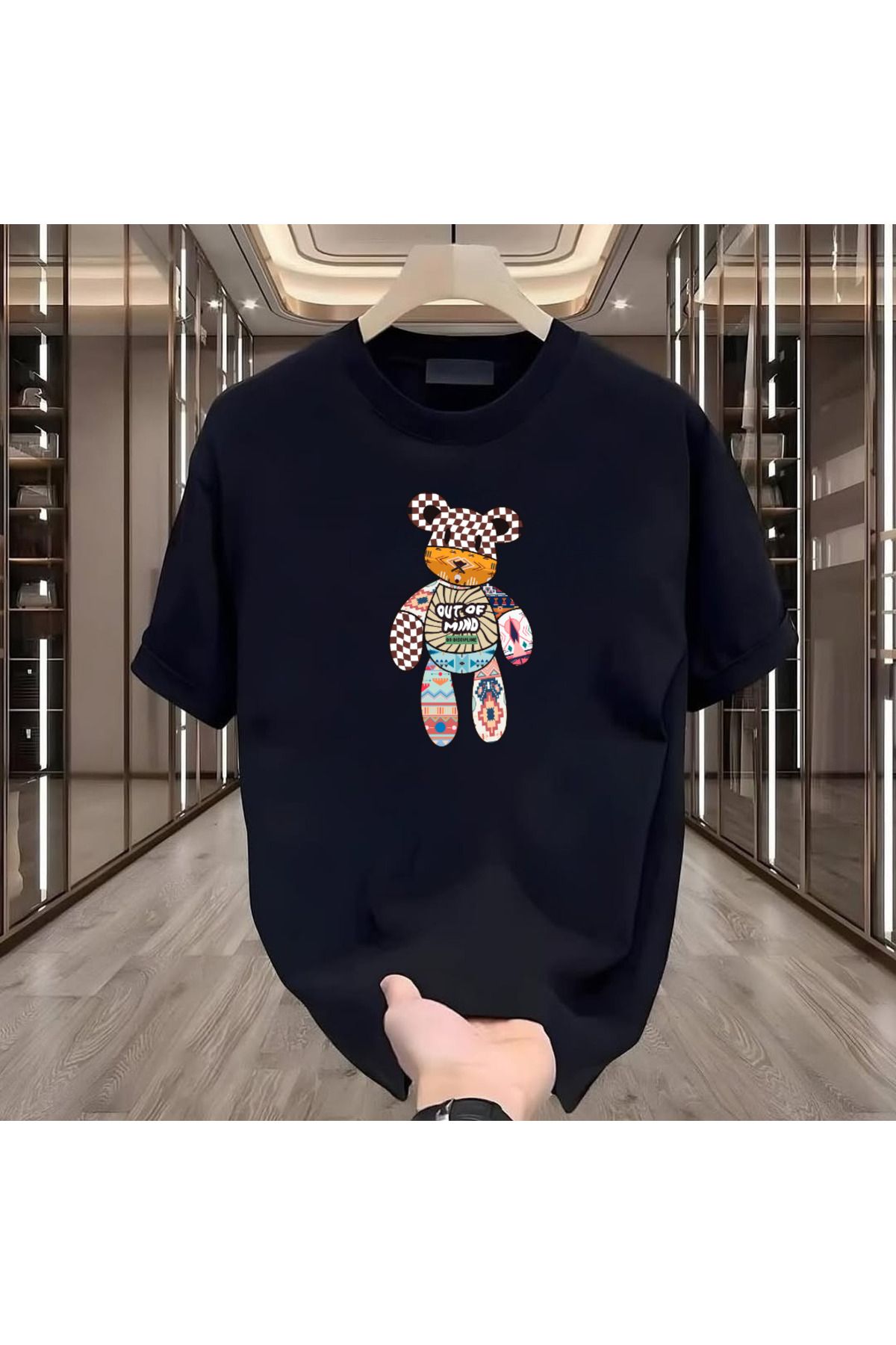 ROVELLA Mind Bear Baskılı Siyah Oversize Erkek Tshirt