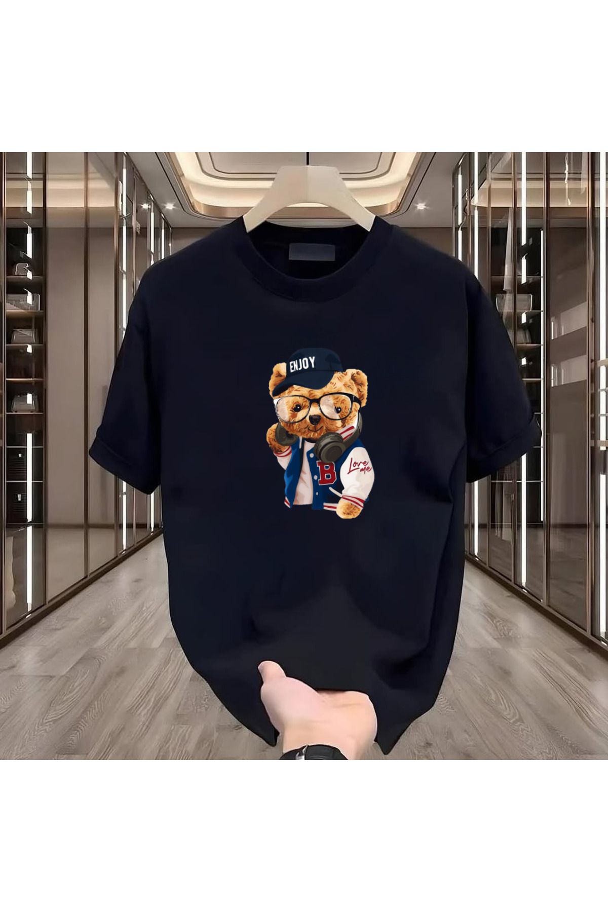ROVELLA Enjoy Bear Baskılı Siyah Oversize Erkek Tshirt