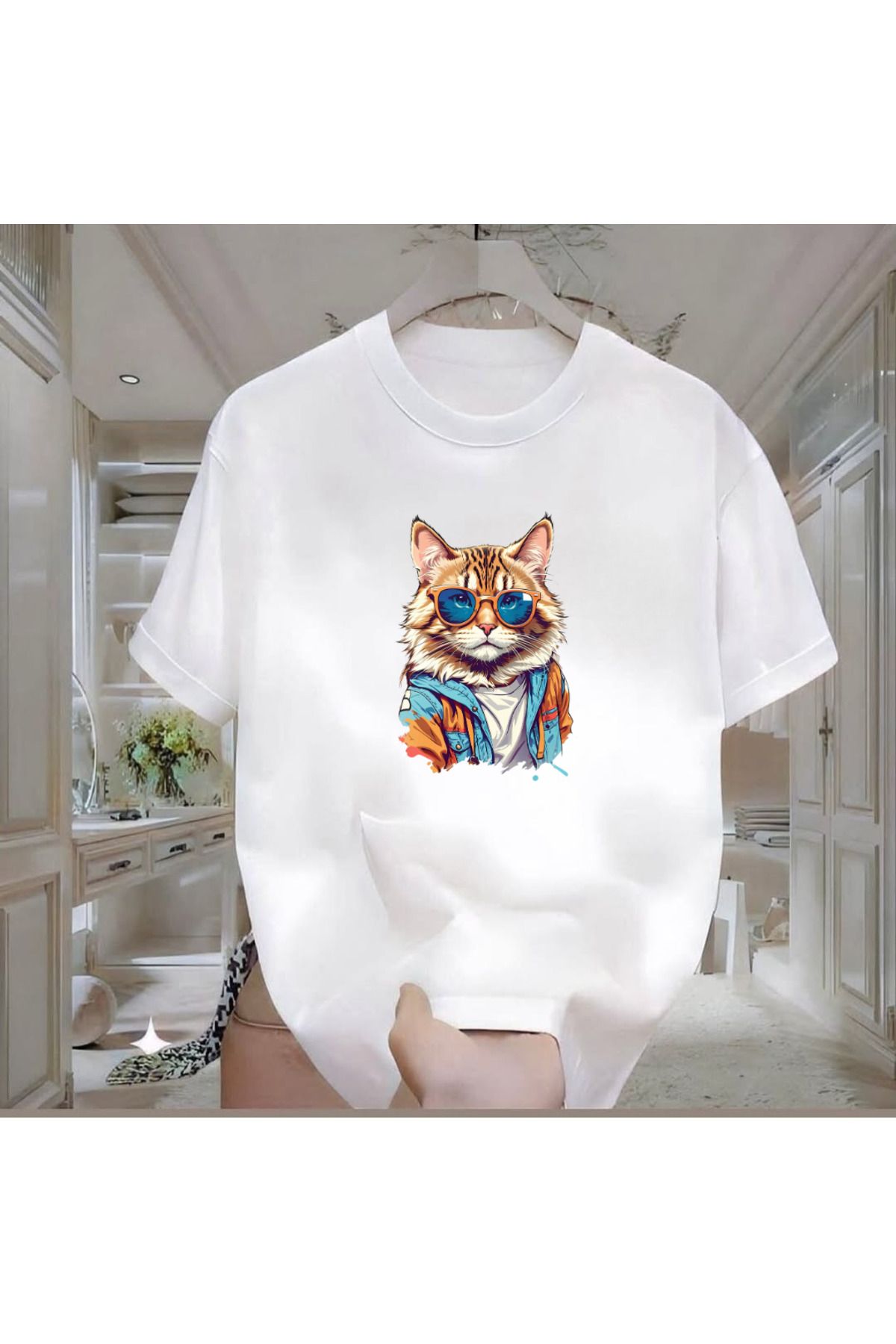 ROVELLA Cool Kedi Baskılı Beyaz Oversize Erkek Tshirt