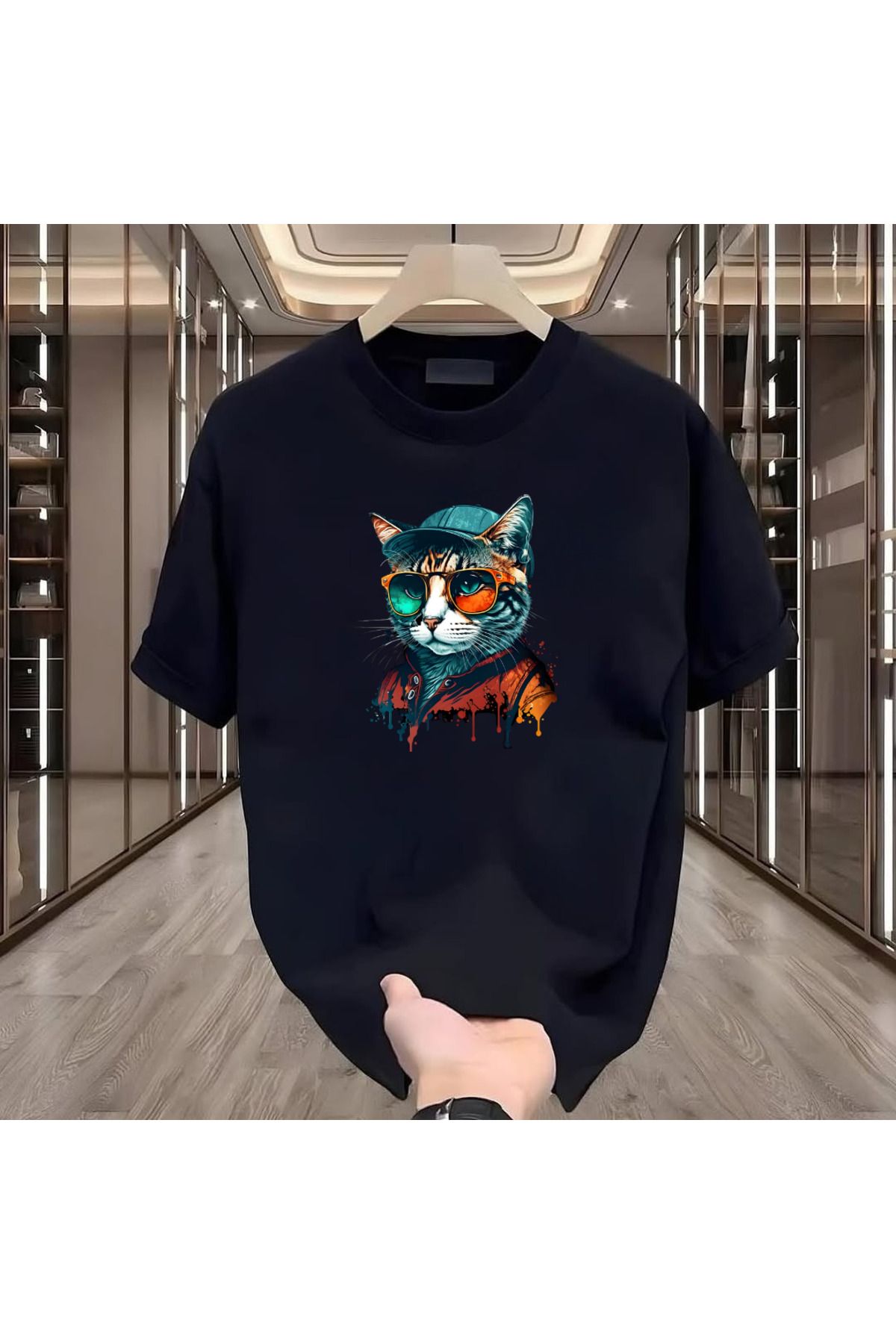 ROVELLA Cool Cat Baskılı Siyah Oversize Erkek Tshirt