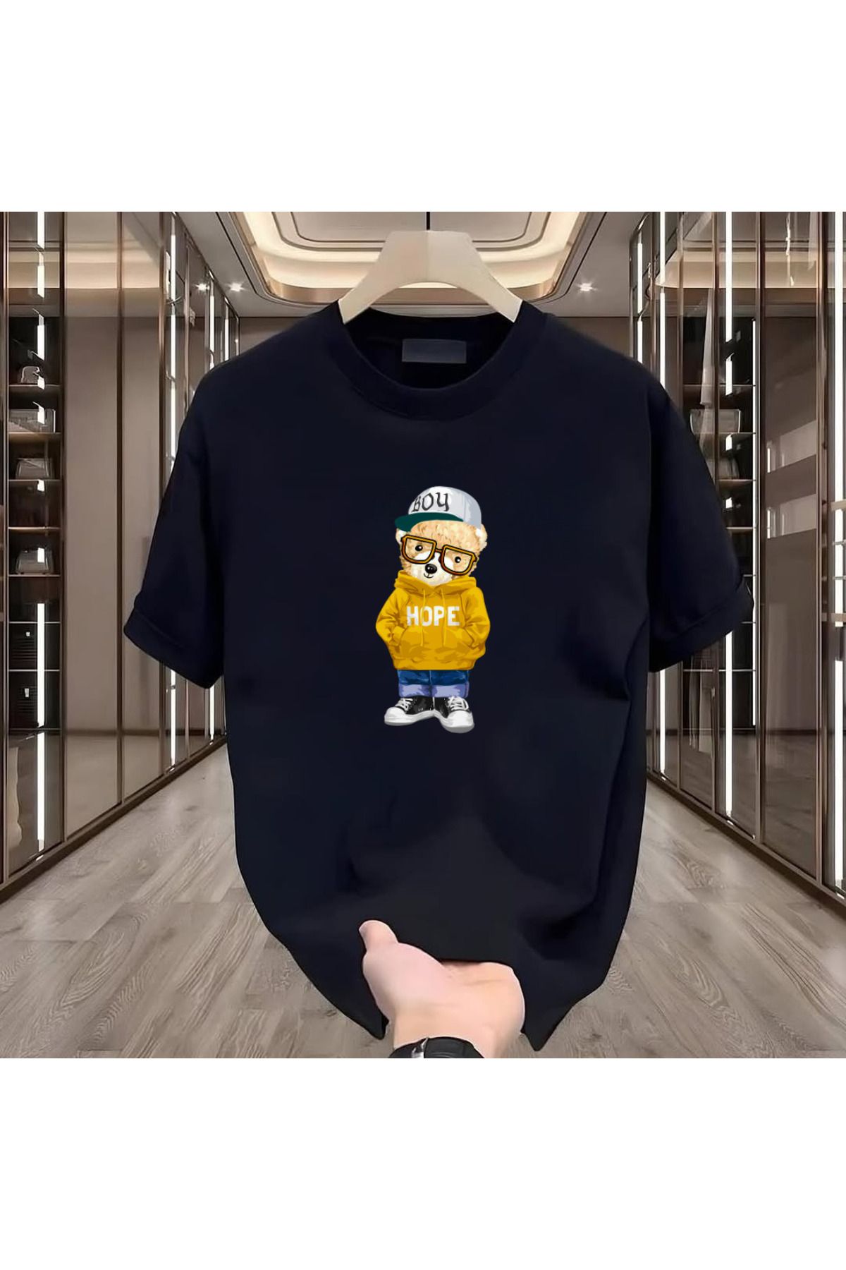 ROVELLA Hope Bear Baskılı Siyah Oversize Erkek Tshirt