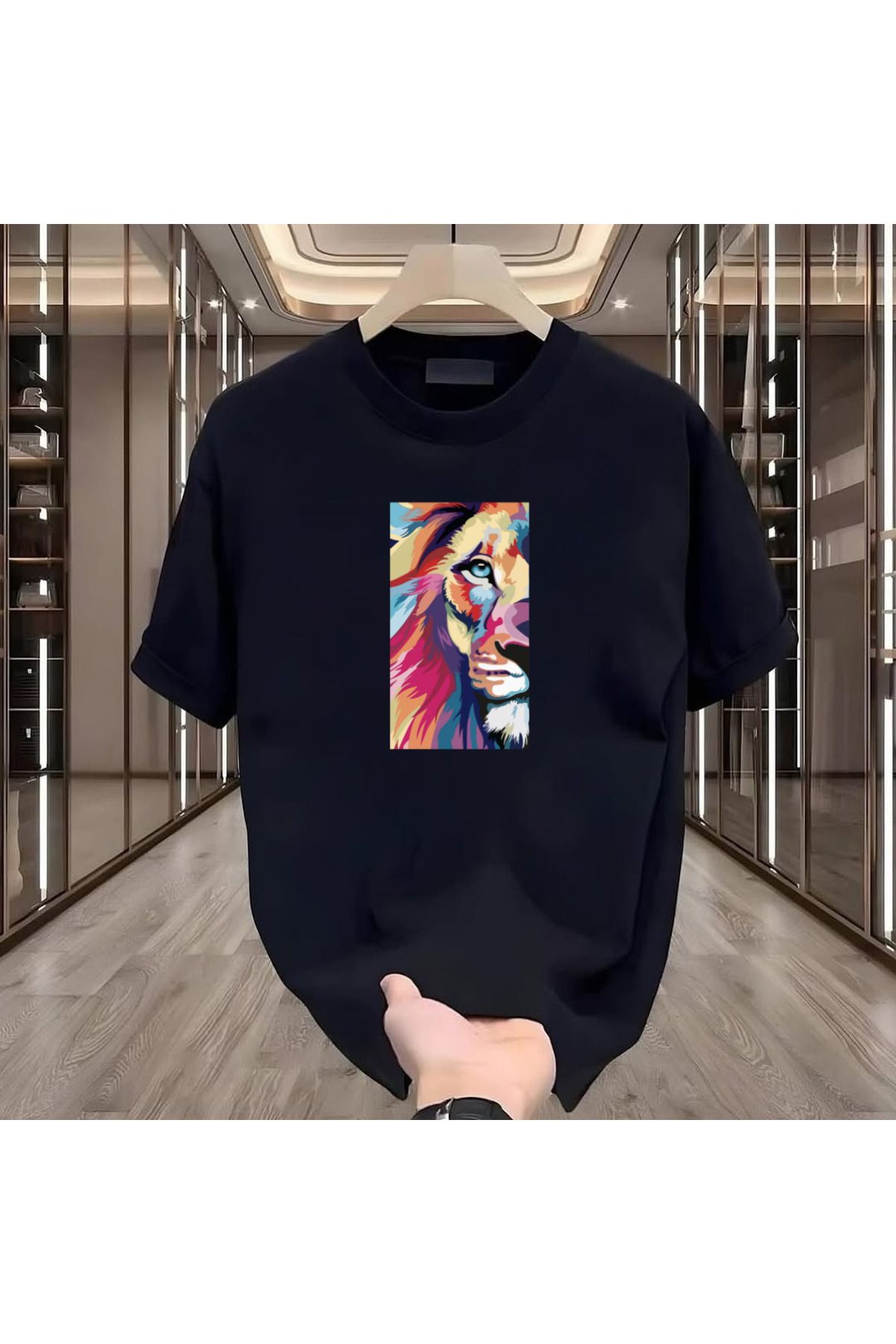 ROVELLA Aslan Baskılı Siyah Oversize Erkek Tshirt