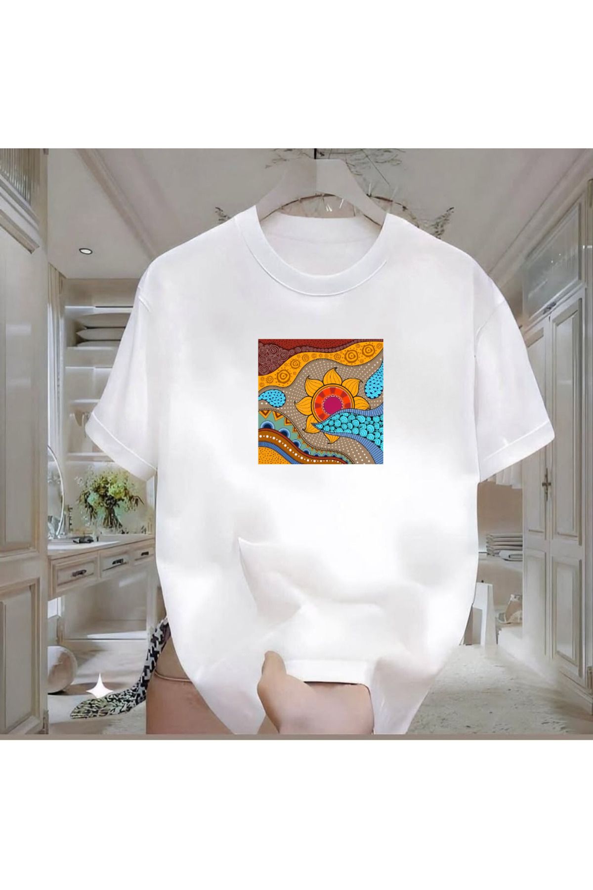 ROVELLA Ayçiçek Baskılı Beyaz Oversize Erkek Tshirt