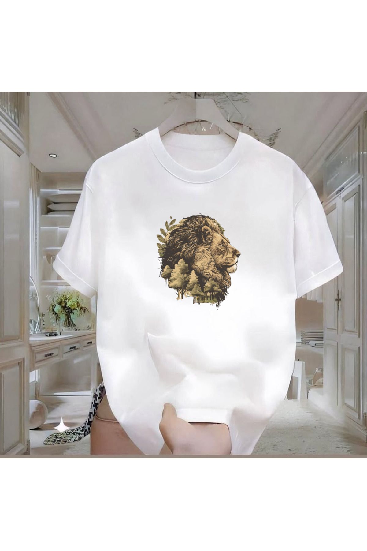 ROVELLA Aslan Baskılı Beyaz Oversize Erkek Tshirt