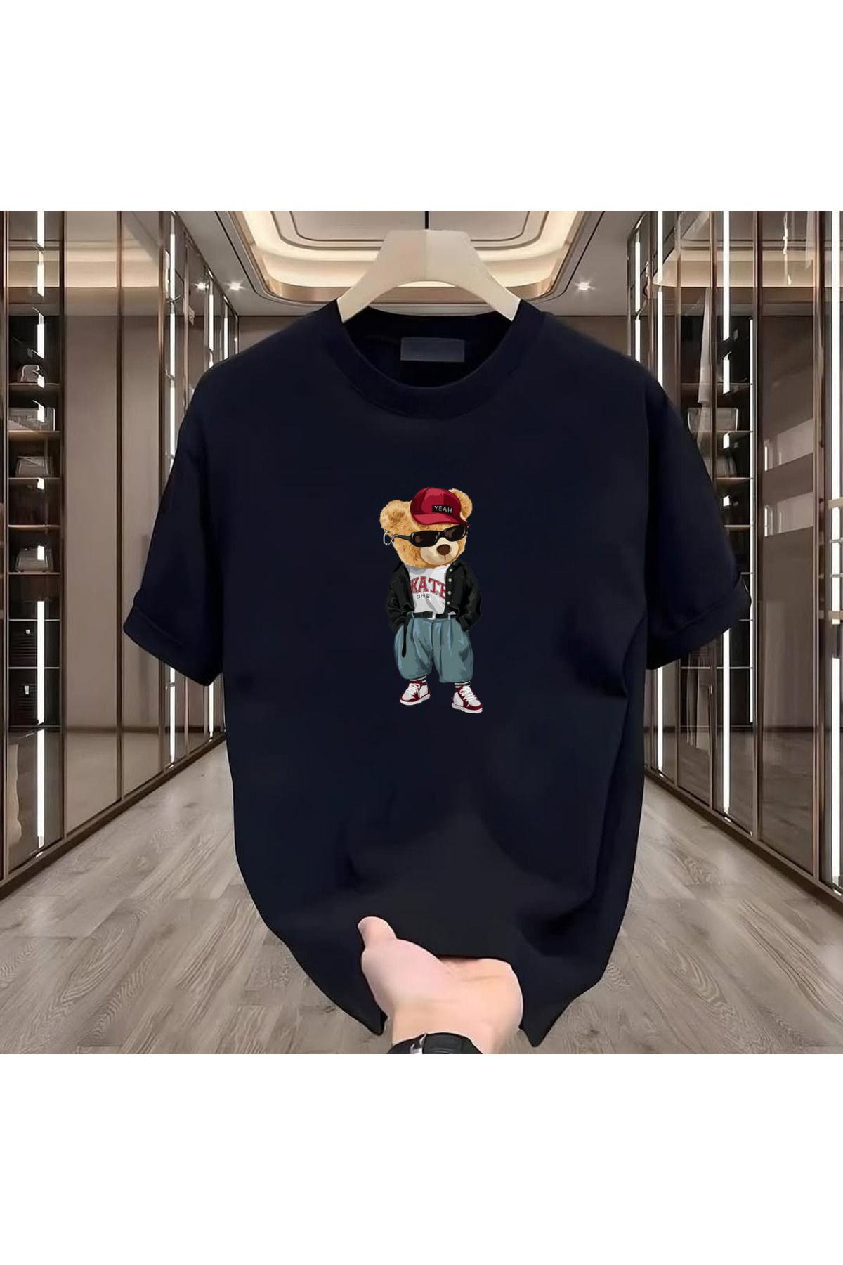 ROVELLA Skate Bear Baskılı Siyah Oversize Erkek Tshirt