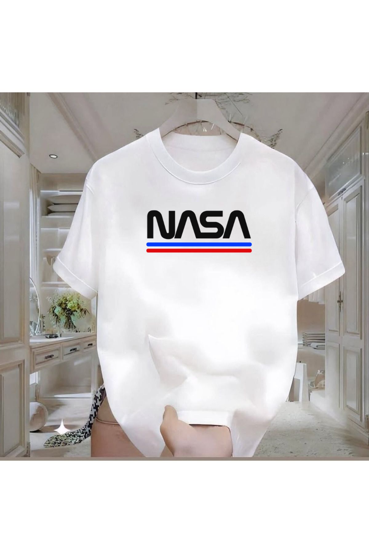 ROVELLA Nasa Baskılı Beyaz Oversize Erkek Tshirt