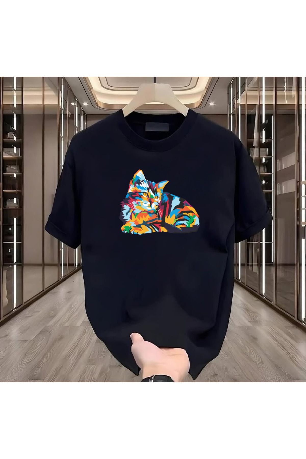 ROVELLA Pixel Cat Baskılı Siyah Oversize Erkek Tshirt