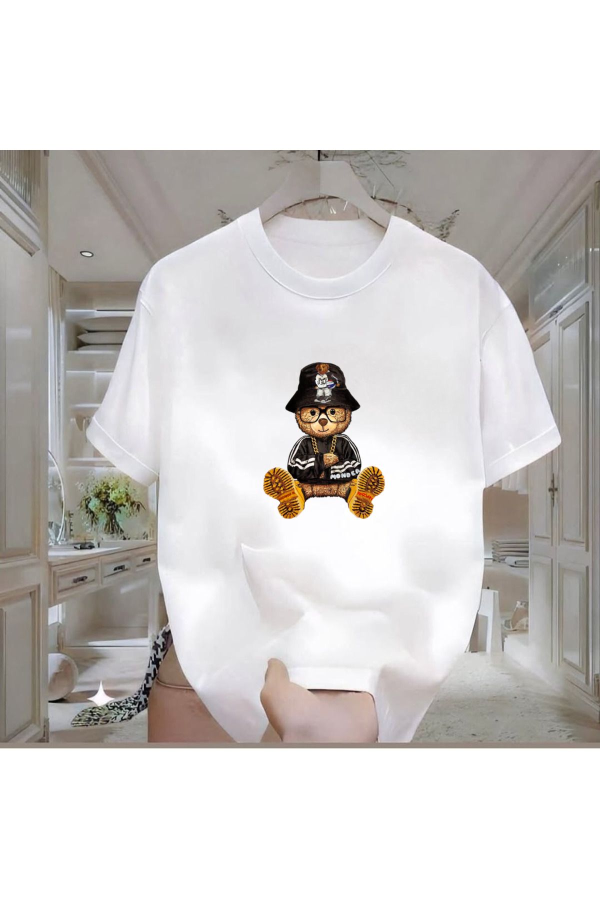 ROVELLA Bear Baskılı Beyaz Oversize Erkek Tshirt