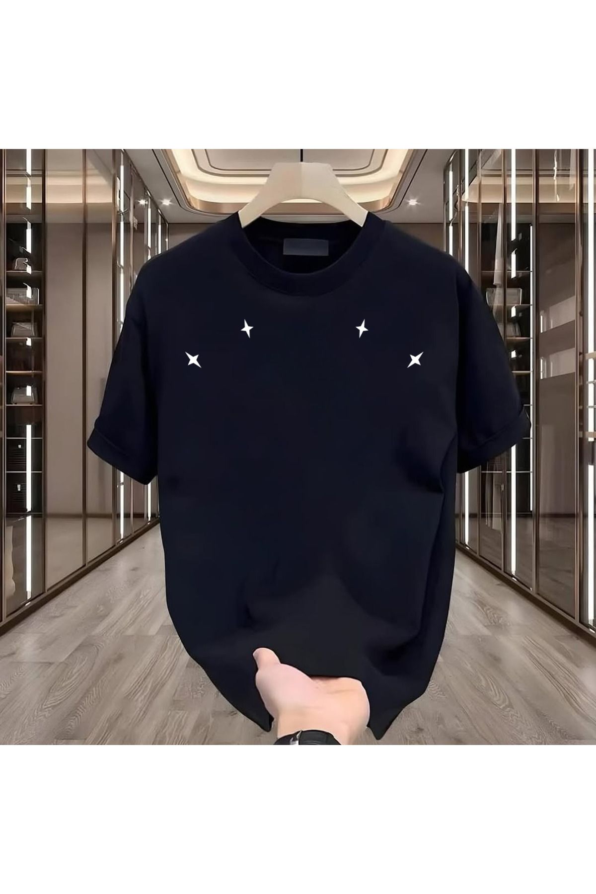 ROVELLA 4 Yıldız Baskılı Siyah Oversize Erkek Tshirt