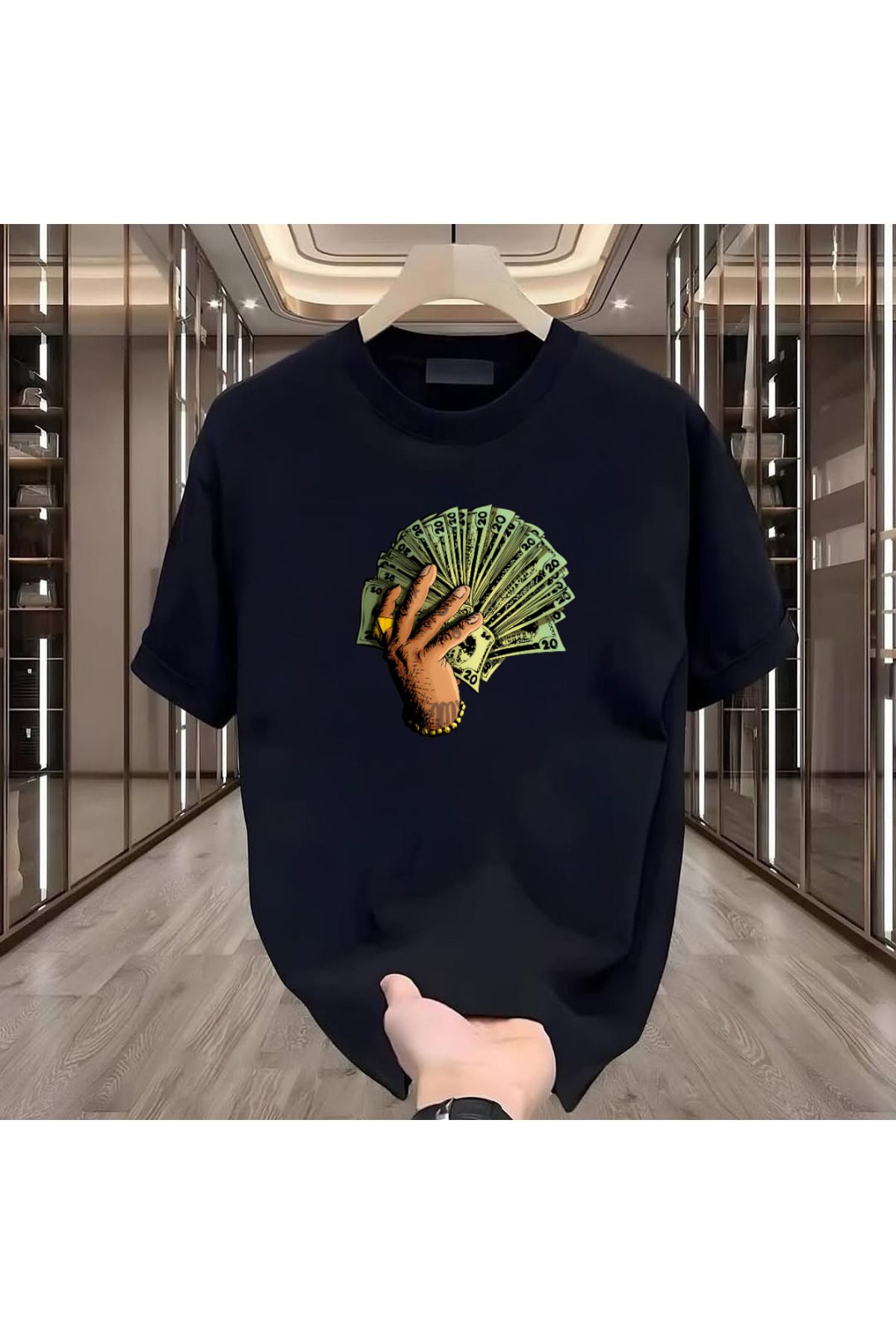 ROVELLA Hand Money Baskılı Siyah Oversize Erkek Tshirt