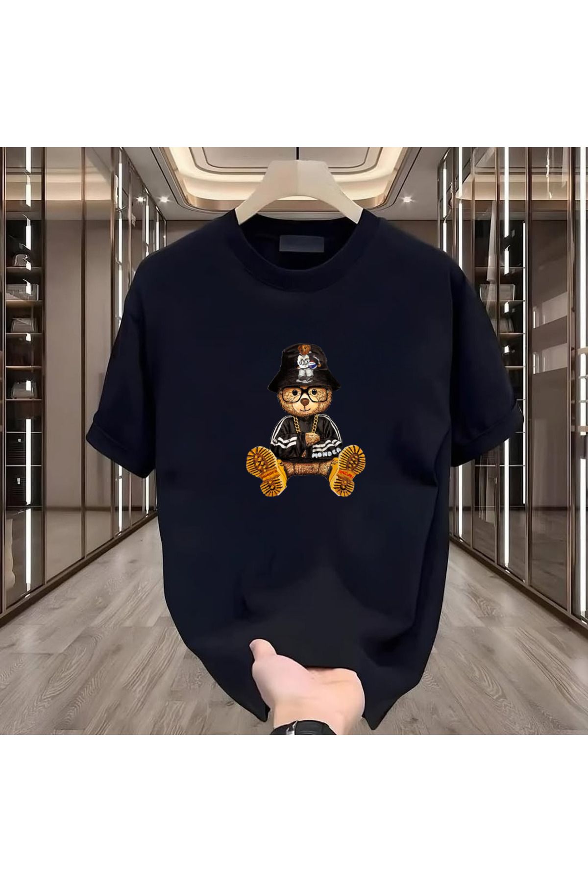 ROVELLA Bear Baskılı Siyah Oversize Erkek Tshirt