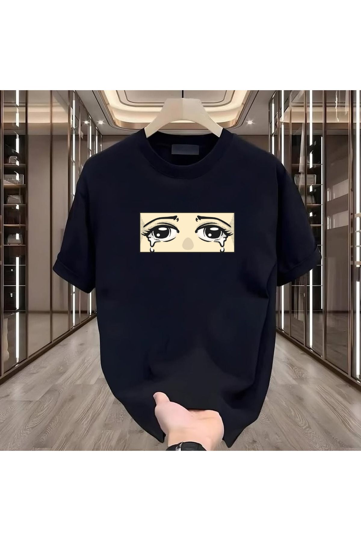 ROVELLA Ağlayan Göz Baskılı Siyah Oversize Erkek Tshirt