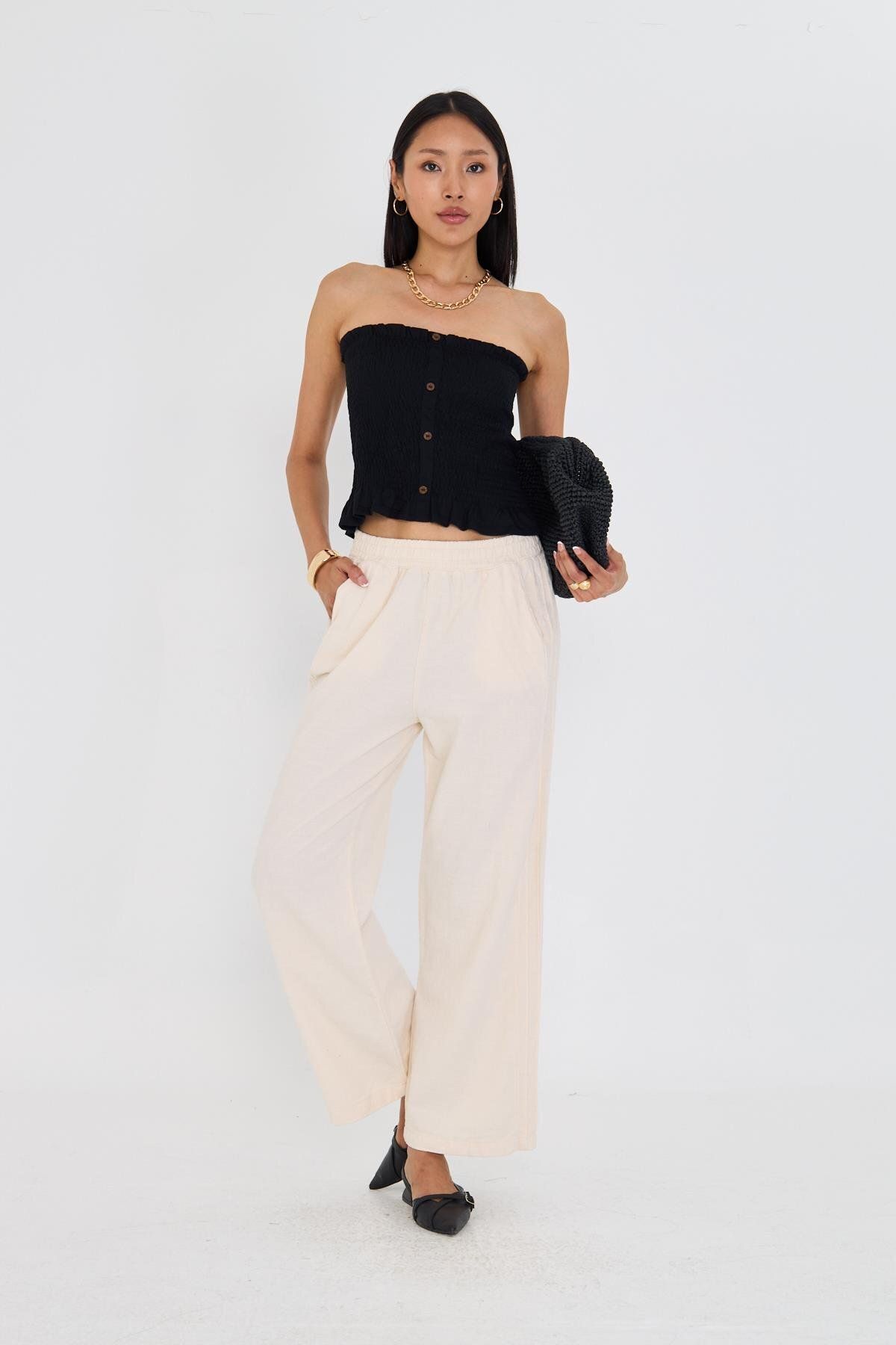 TIFFANY&TOMATO Şeritli Bol Paça Pantolon - Ekru