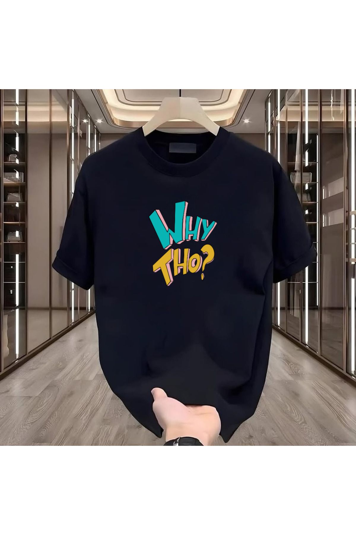 ROVELLA Why Tho Baskılı Siyah Oversize Erkek Tshirt