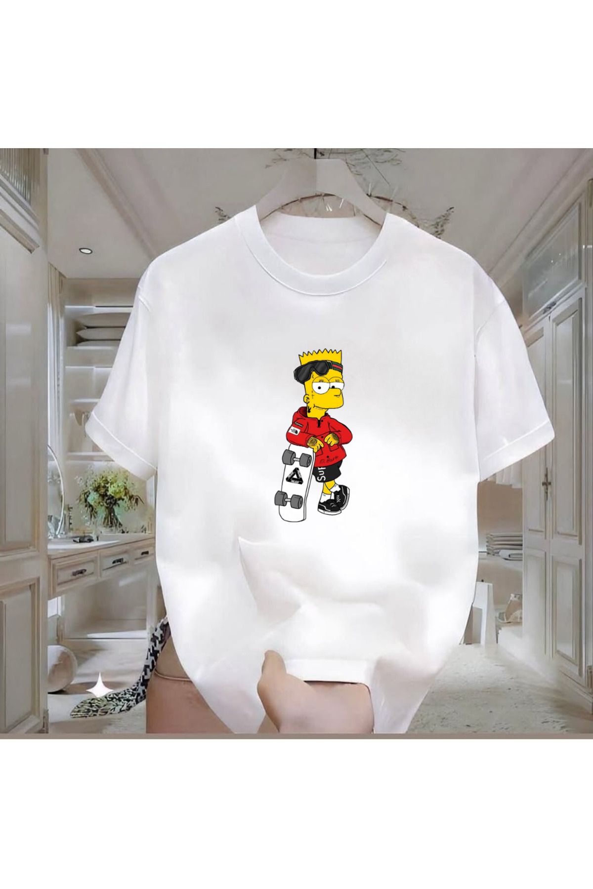 ROVELLA Simpson Baskılı Beyaz Oversize Erkek Tshirt