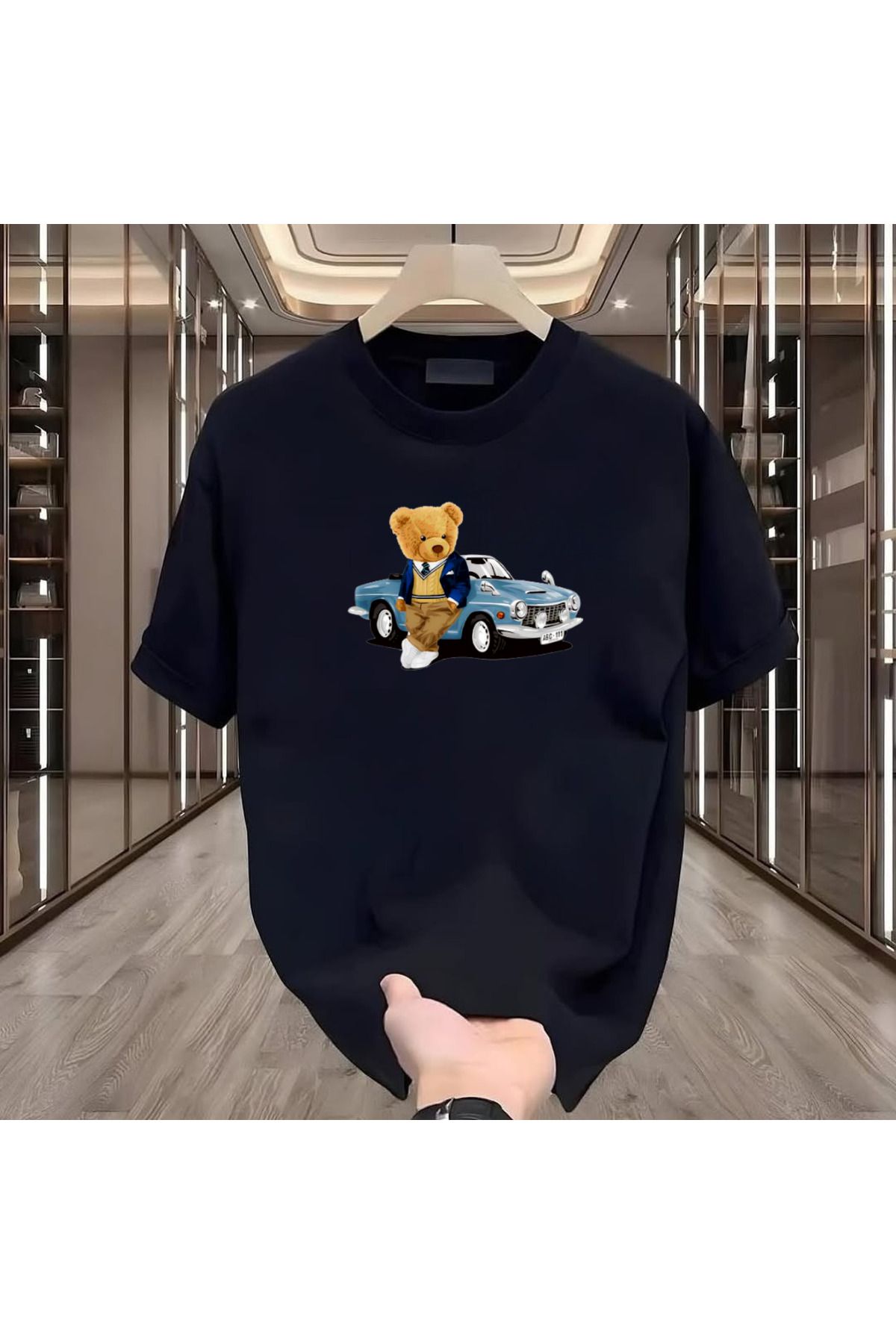 ROVELLA Car Bear Baskılı Siyah Oversize Erkek Tshirt