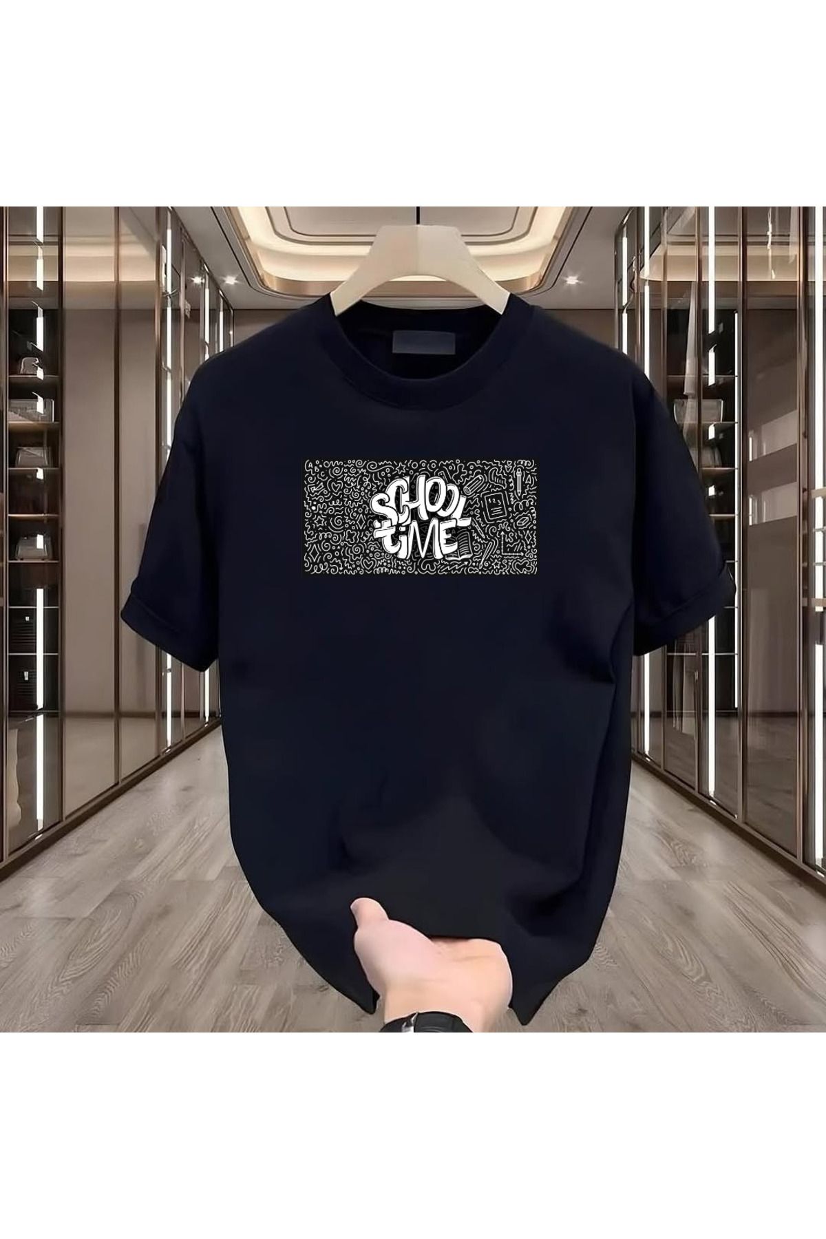 ROVELLA School Time Baskılı Siyah Oversize Erkek Tshirt