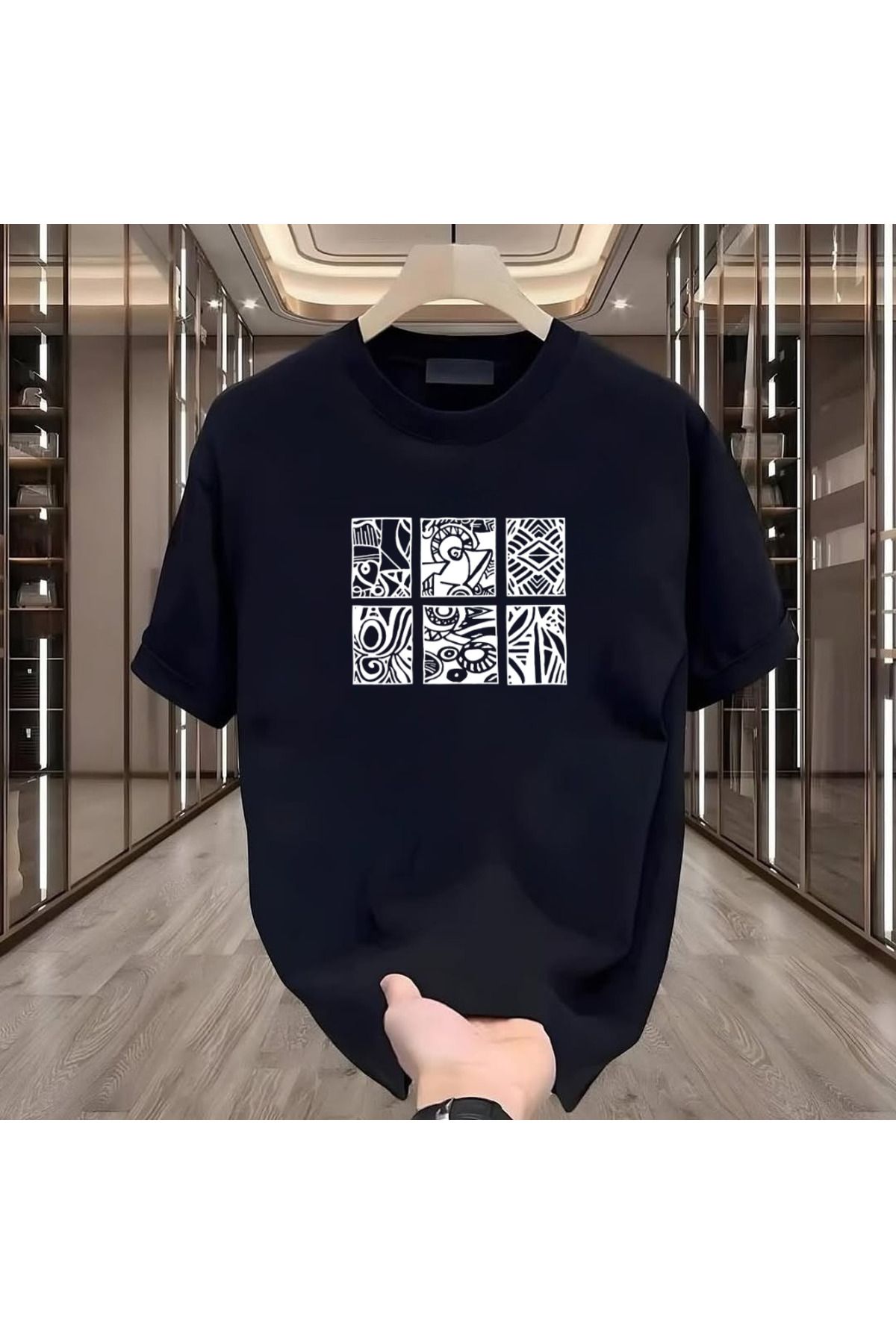 ROVELLA Etnik Desen Baskılı Siyah Oversize Erkek Tshirt