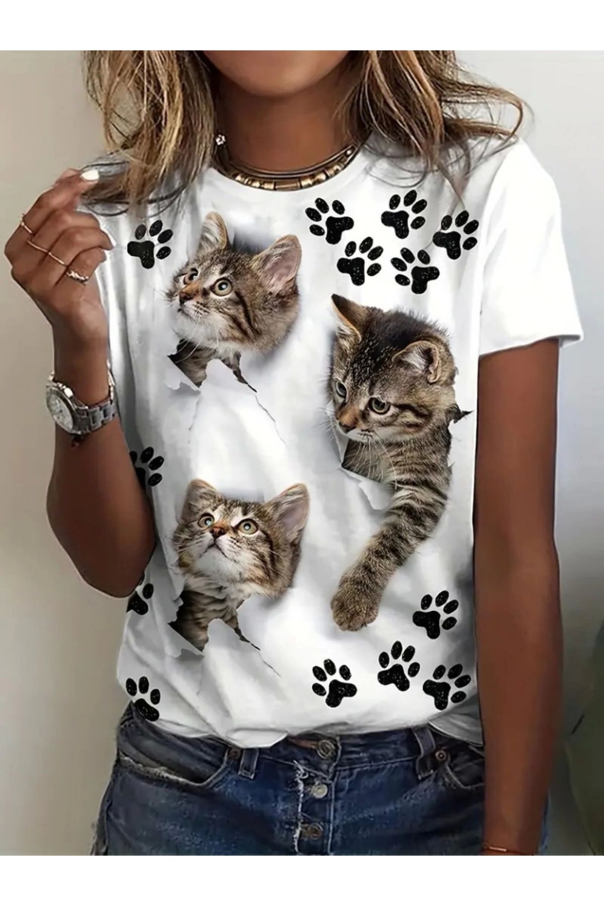 POLEXP Kedi Desenli Kısa Kollu Kadın T-shirt