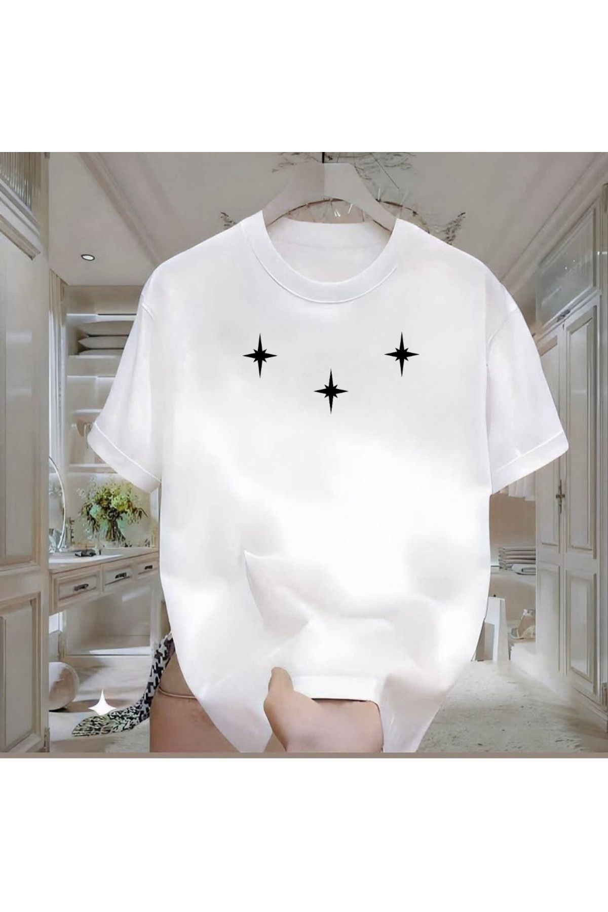 ROVELLA 3 Yıldız Baskılı Beyaz Oversize Erkek Tshirt